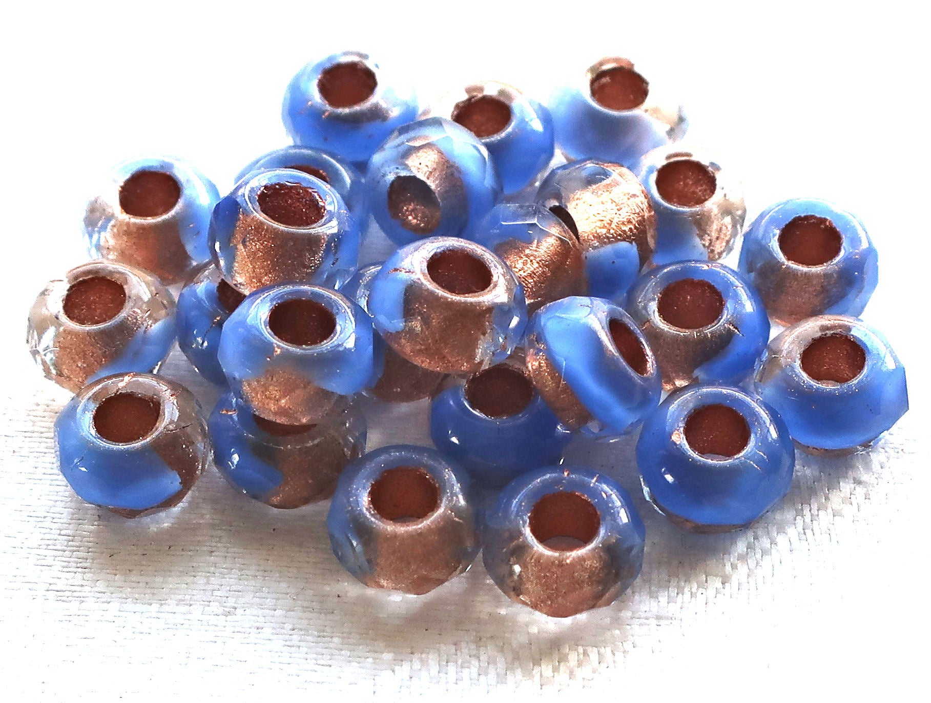 Ten Czech glass roller beads, 9mm x 6mm periwinkle blue & crystal, copper lined, faceted roller, rondelle beads, big 3.5mm hole beads C02110