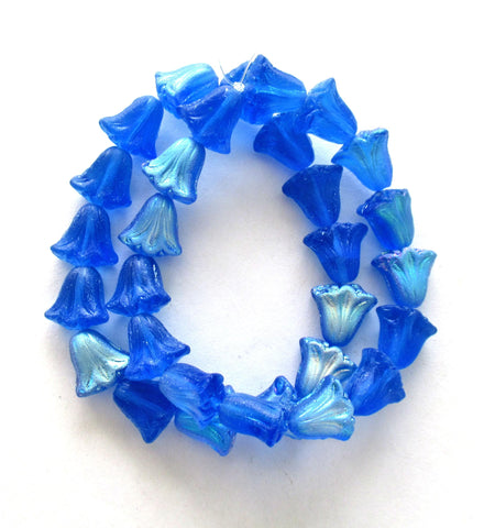15 Czech glass flower beads - 9 x 10mm translucent matte sapphire blue ab beads - lily flower beads C00002
