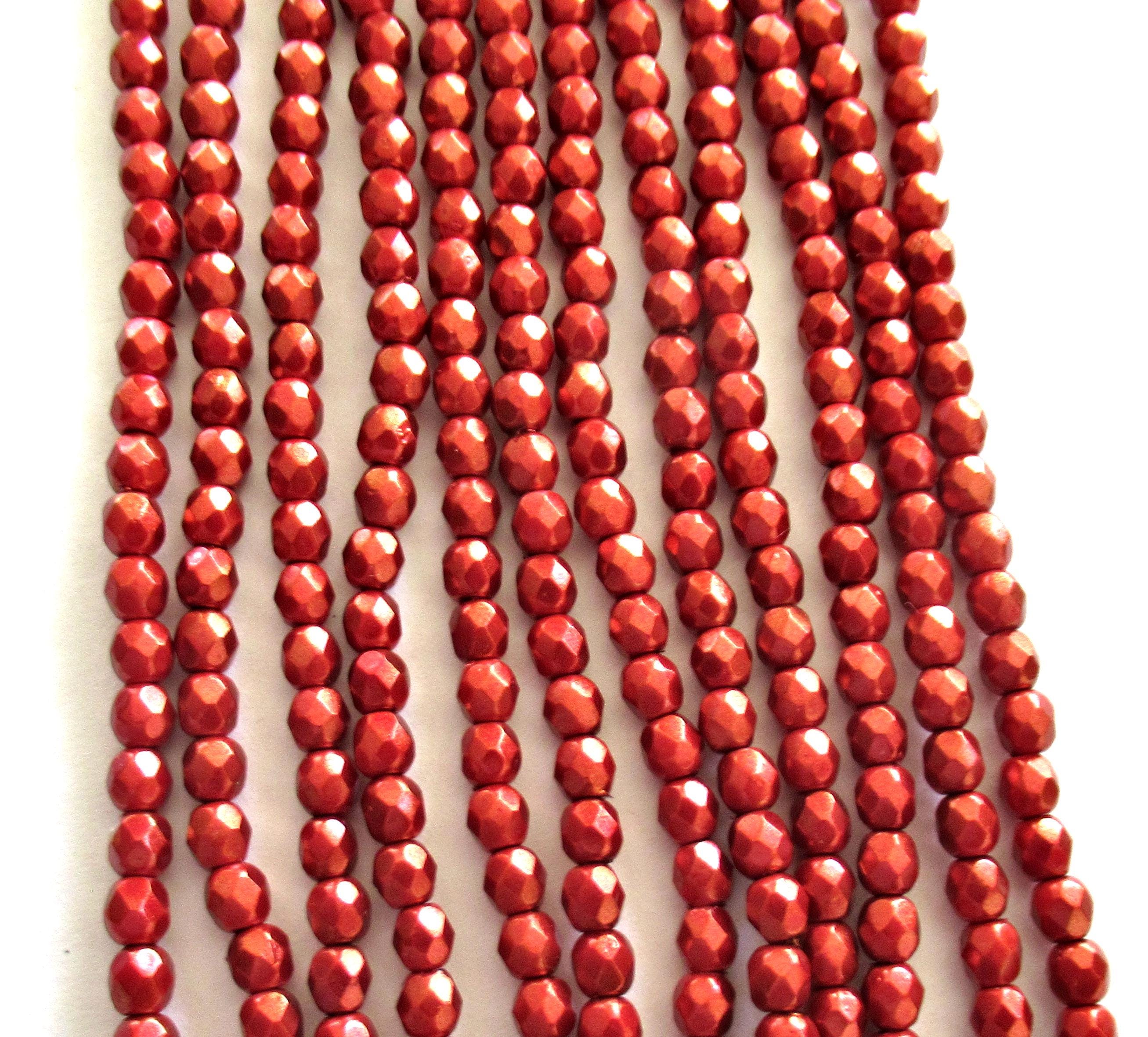 50 4mm Czech glass beads - Halo Ethereal Cardinal Red - fire polished, faceted round beads with a metallic look - C0047