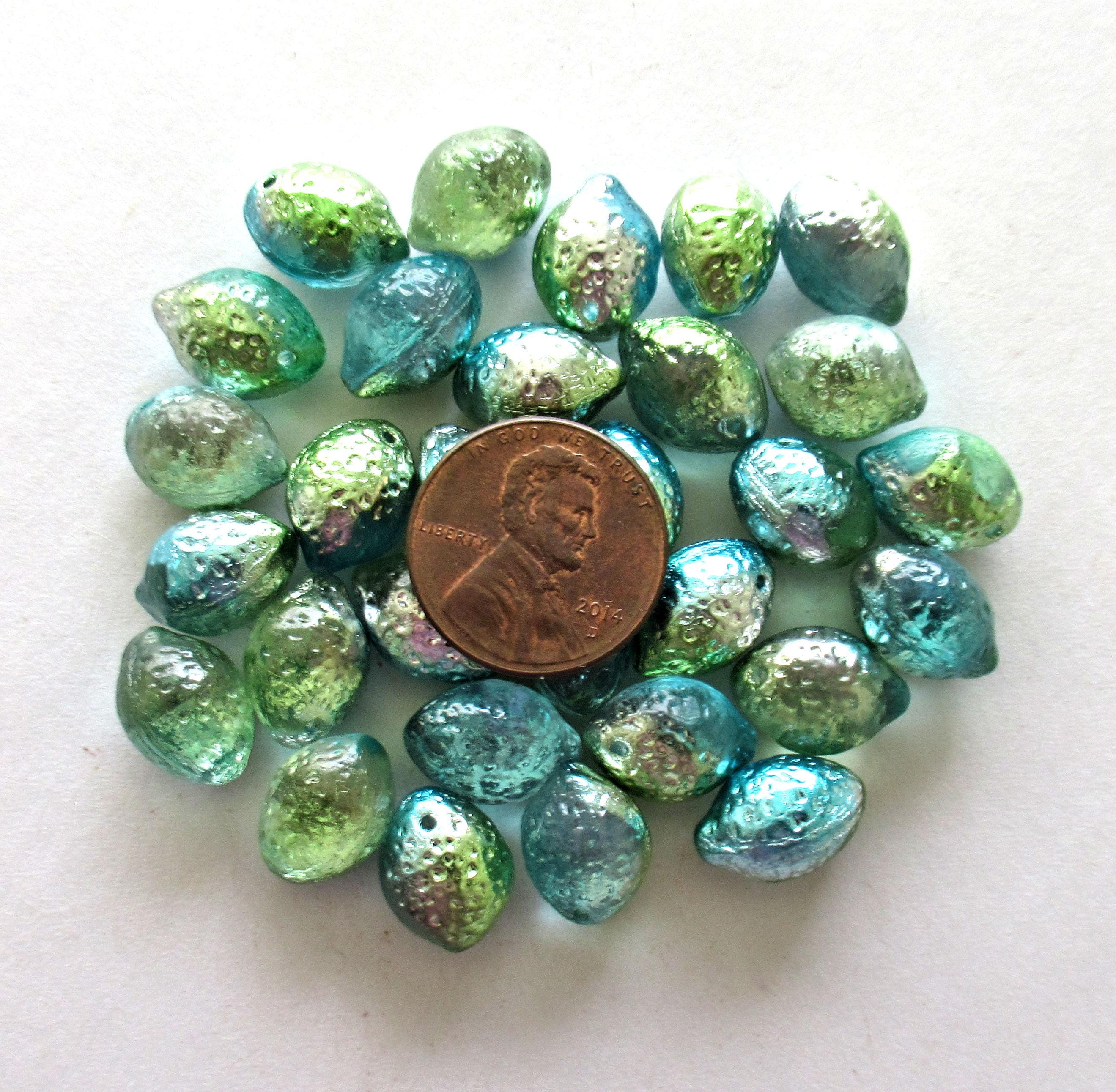 Lemon shaped drop beads - 14 x 10mm - blue green & silver - side drilled - pressed Czech glass beads - 10 pieces - C00831