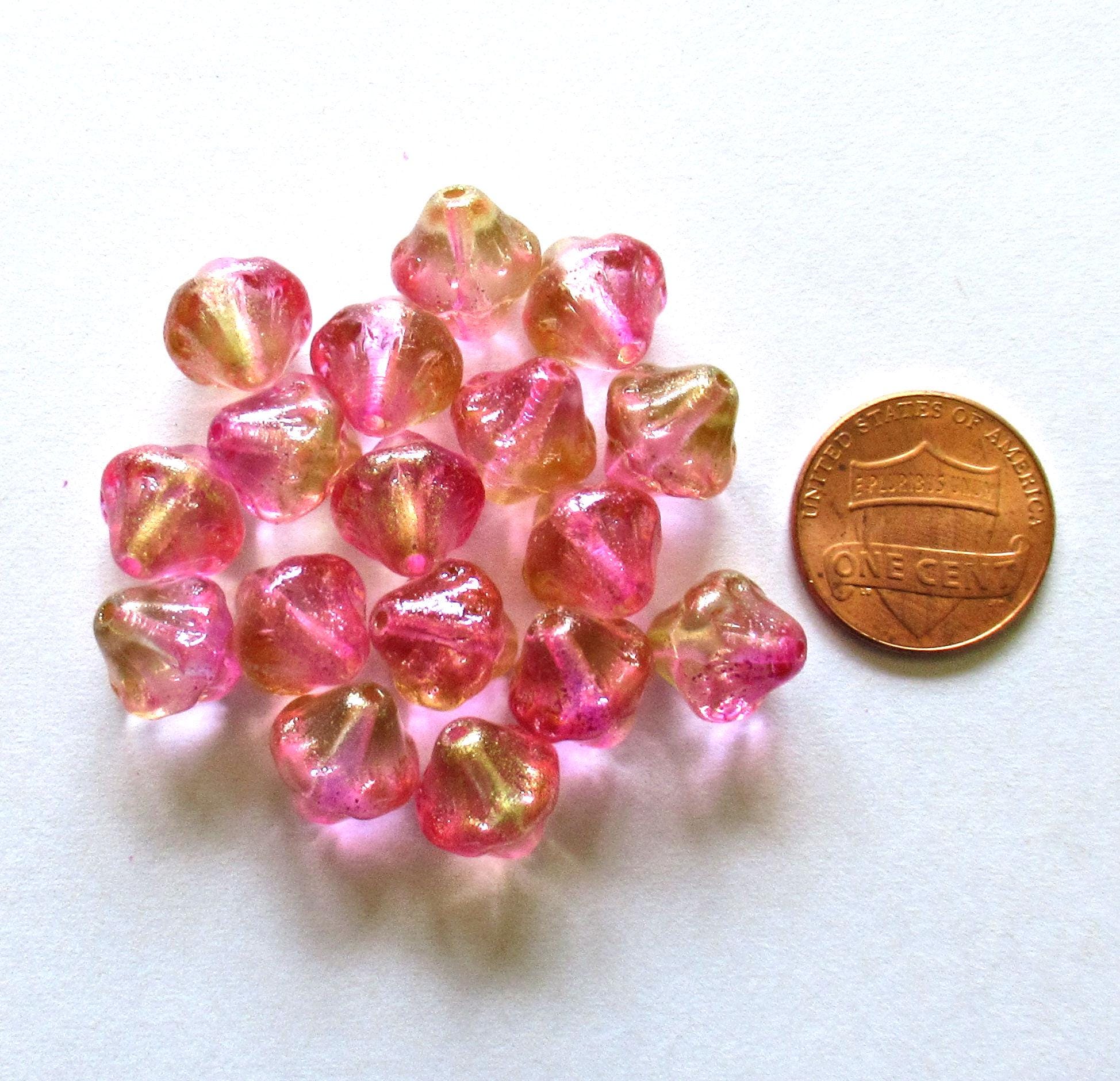 Six large Czech glass bicones - 11mm - bright pink & champagne w/ a gold luster finish bicone beads - C00201
