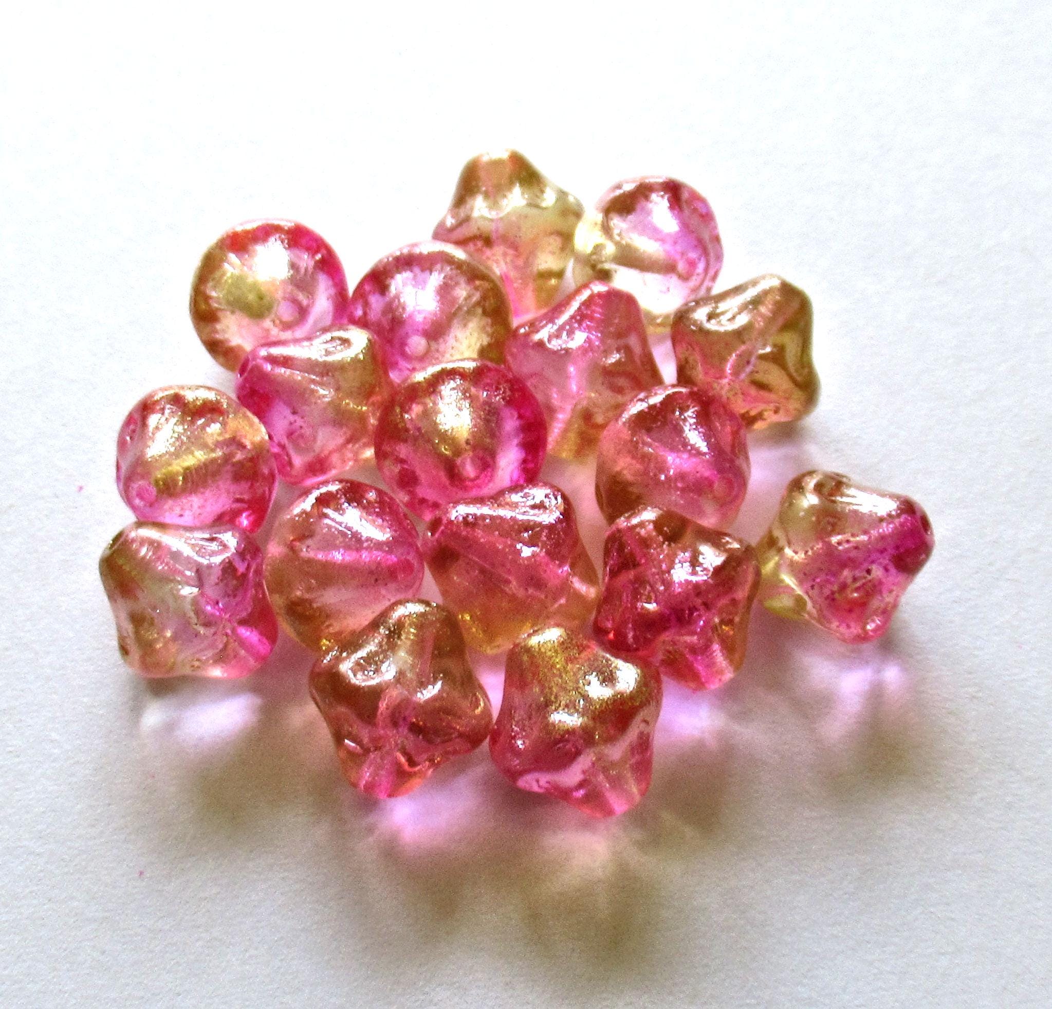 Six large Czech glass bicones - 11mm - bright pink & champagne w/ a gold luster finish bicone beads - C00201