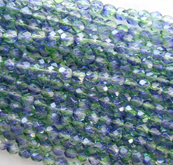 25 6mm Czech Blueberry Green Tea, blue and green dual coated glass beads, round faceted firepolished beads, C6425