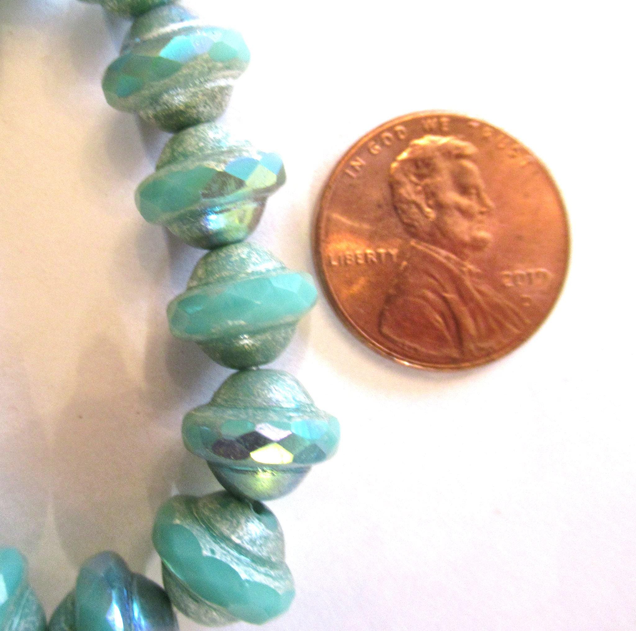 15 Czech glass saturn beads - opaque sea green beads w/ silver & ab accents - faceted saucer beads - 00542
