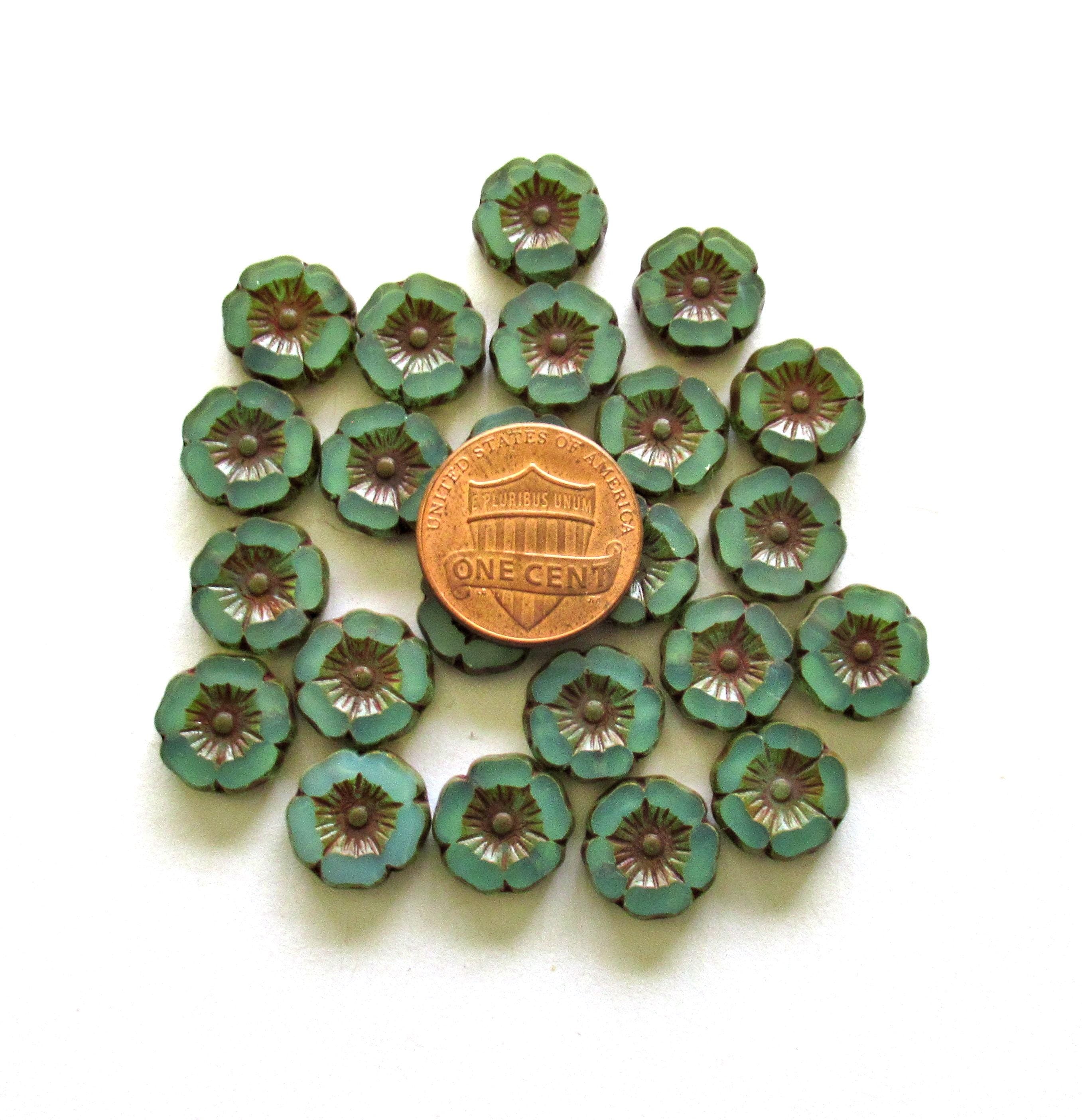 Czech glass flower beads - seafoam green opaline picasso - vaseline glass - table cut carved - 12mm -Hawaiian floral beads - 8 pcs - C00202