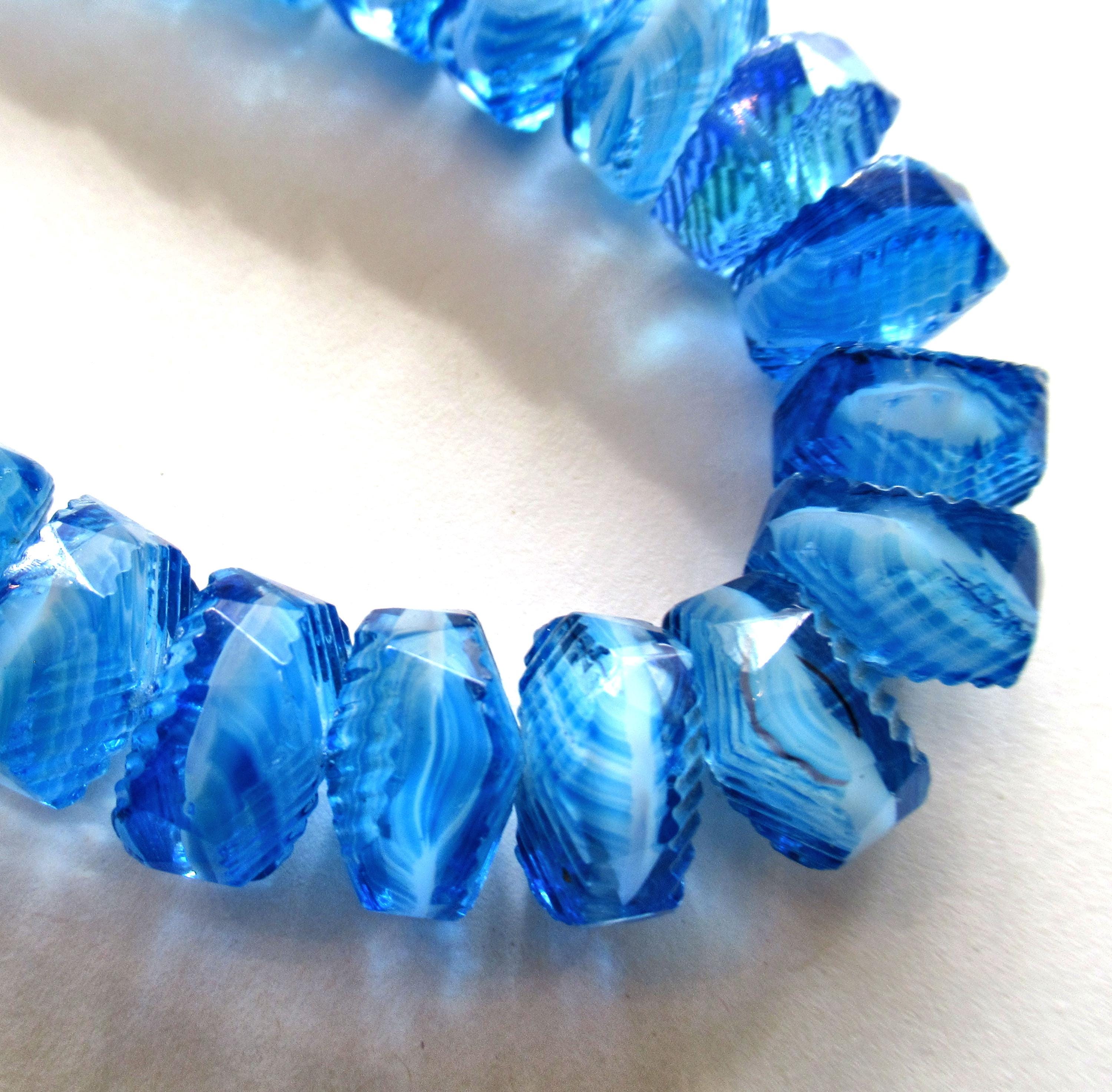 Six Czech glass faceted wavy rondelle beads - large 14 x 6mm - aqua blue & white - chunky statement or focal beads - C00291