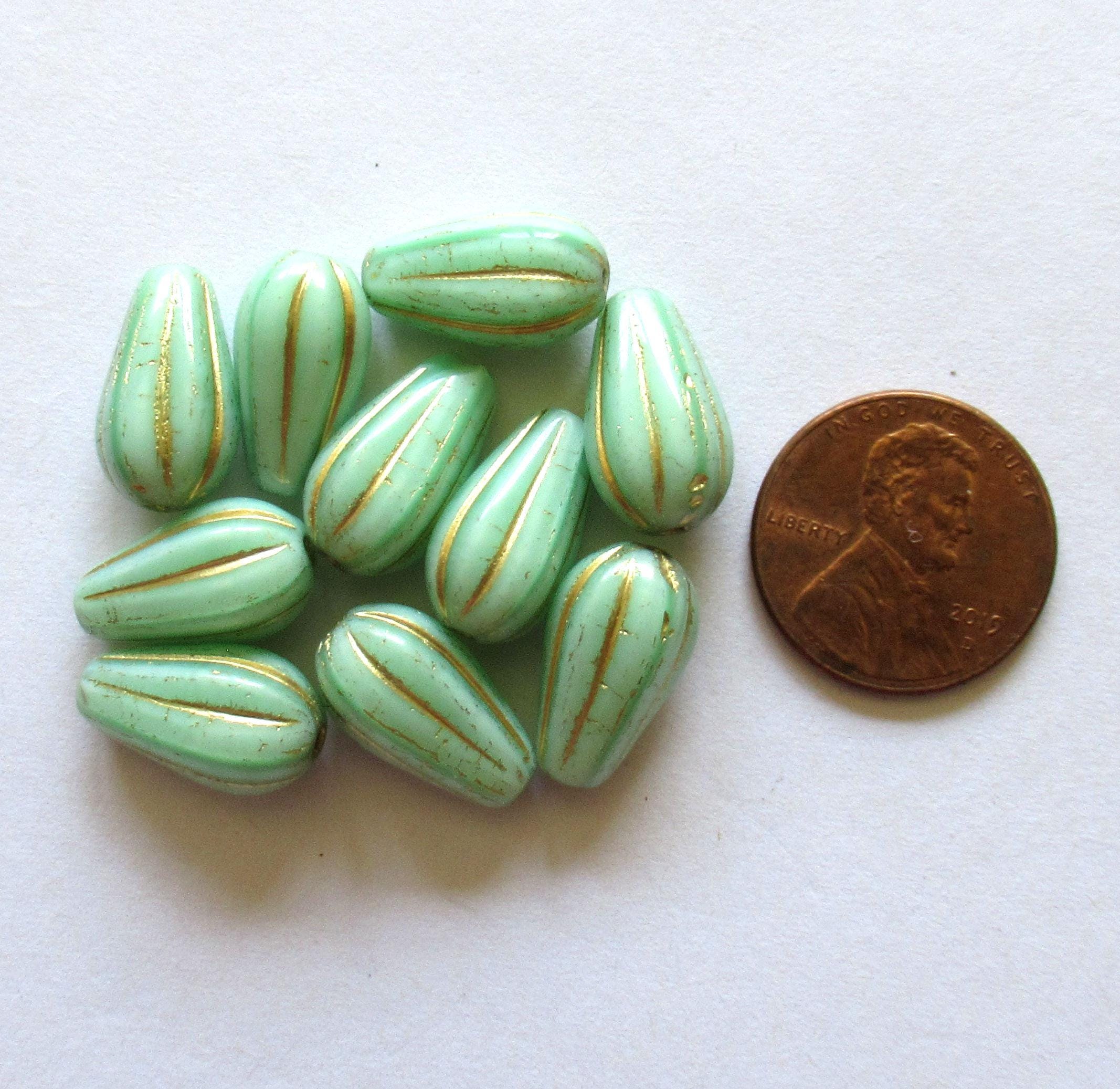 Ten Czech glass teardrop melon beads - mint green w/ gold accents - 15 x 8mm tear drops - 00071