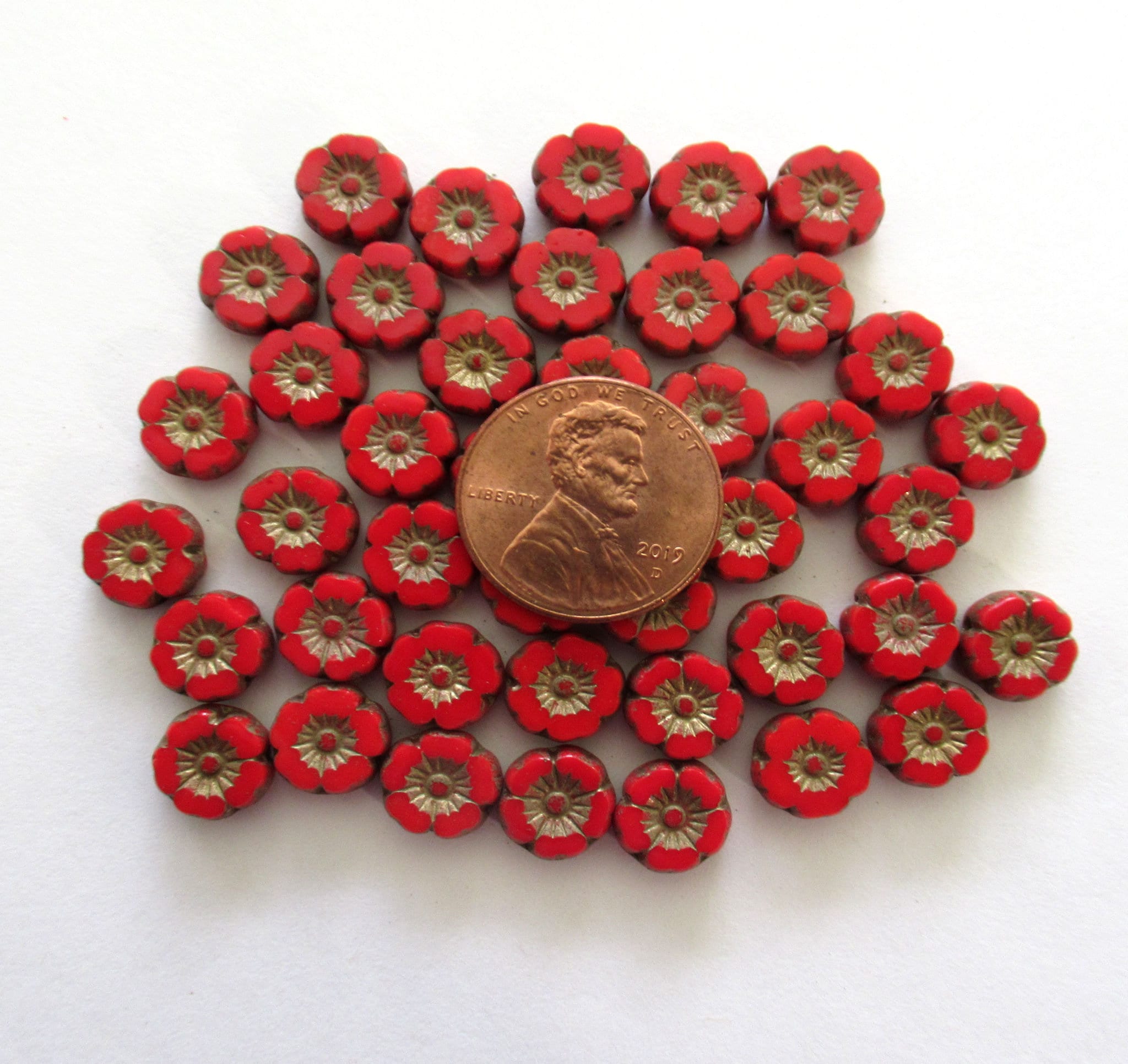 Lot of 15 8mm Czech glass flower beads - opaque red w/ gold accents - table cut carved Hawaiian flower beads C00311