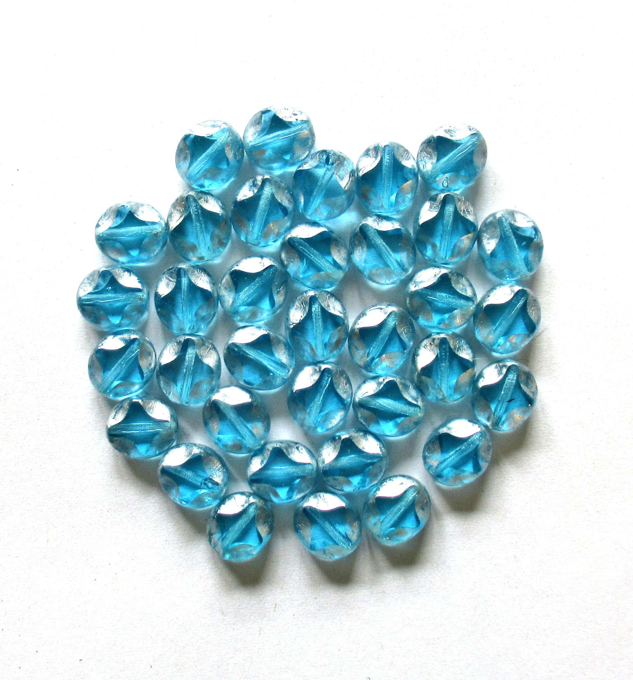 10 Czech glass oval beads - 9 x 8mm - aqua blue w/ silver picasso accents - carved table cut beads with a diamond pattern - C0121