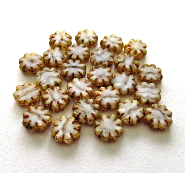 15 Czech glass flower beads - marbled white picasso beads - 9mm - table cut cactus flower beads - C00261