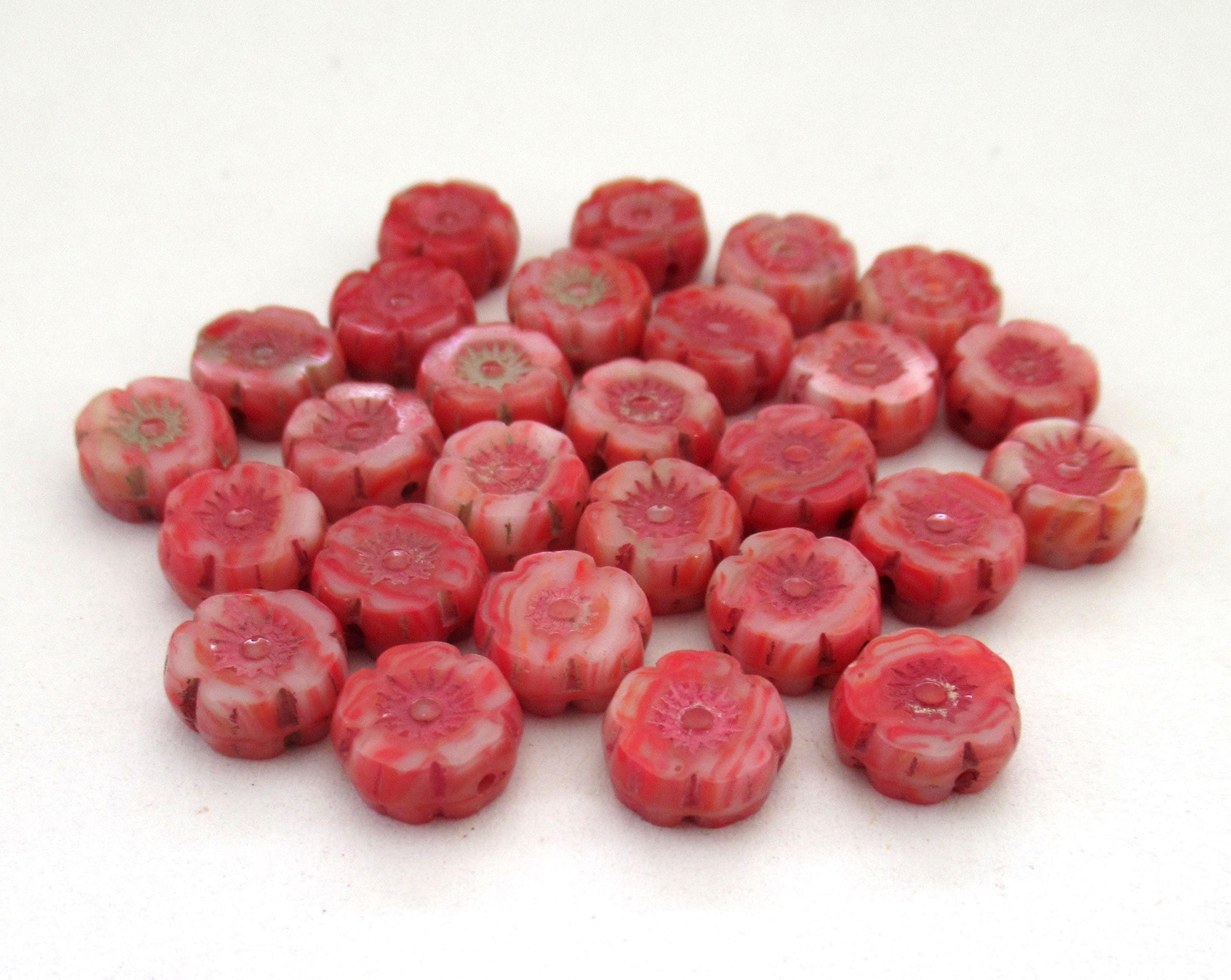 Lot of 15 8mm Czech glass flower beads - table cut - carved - marbled red & white / pink - Hawaiian hibiscus flower beads C00431