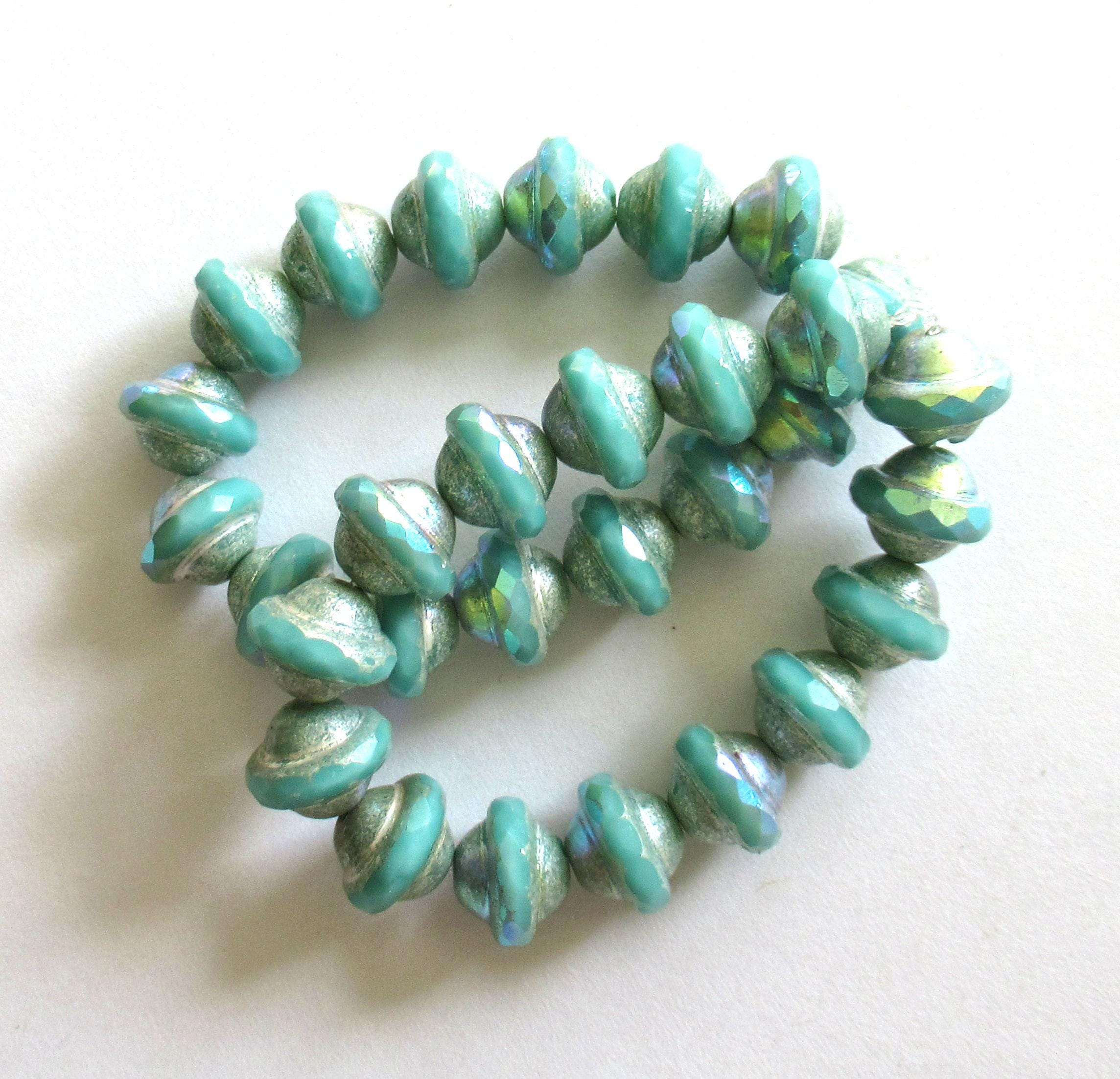 15 Czech glass saturn beads - opaque sea green beads w/ silver & ab accents - faceted saucer beads - 00542