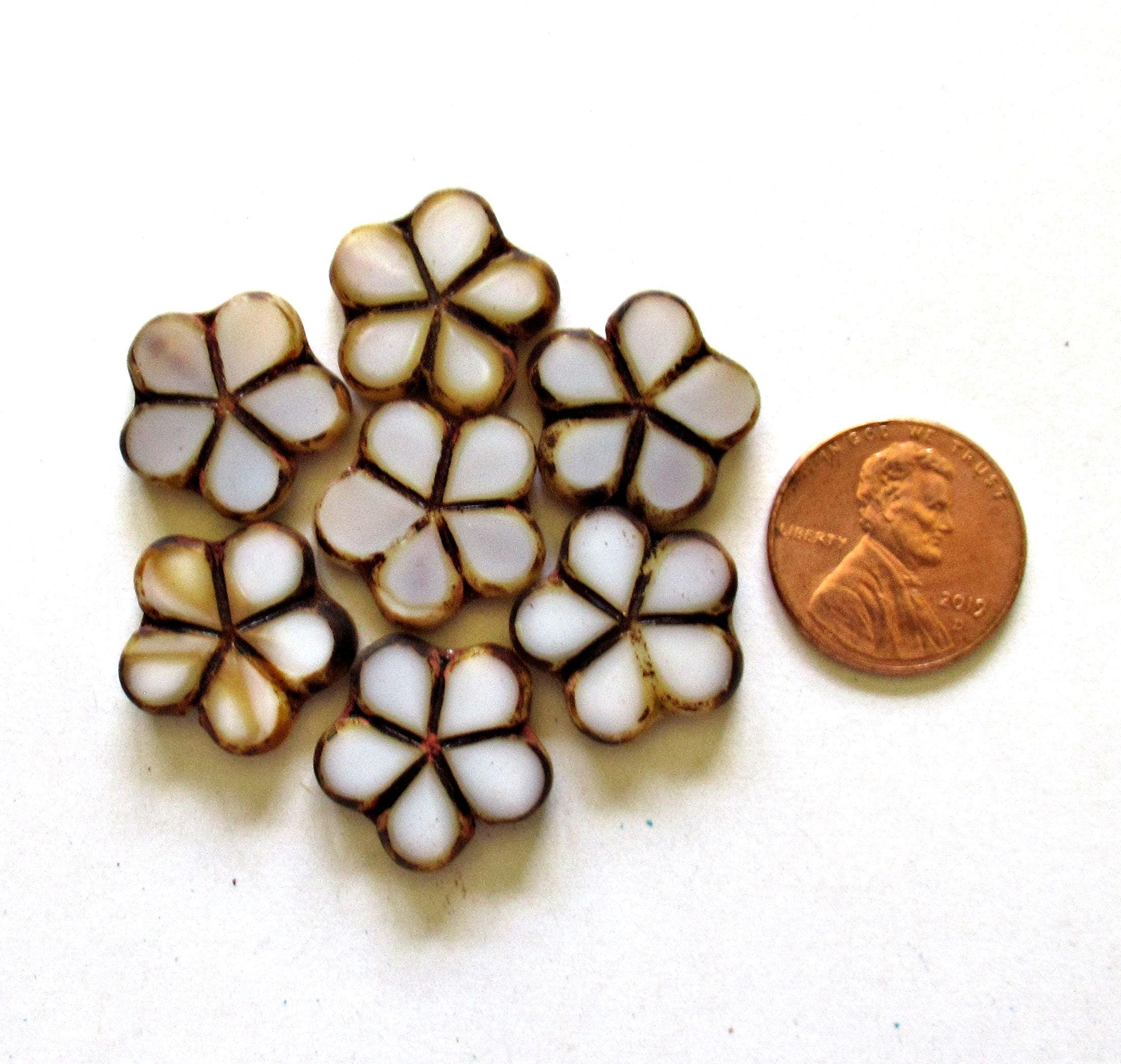 five large Czech glass flower beads - 17mm - white picasso table cut & carved beads - C00722