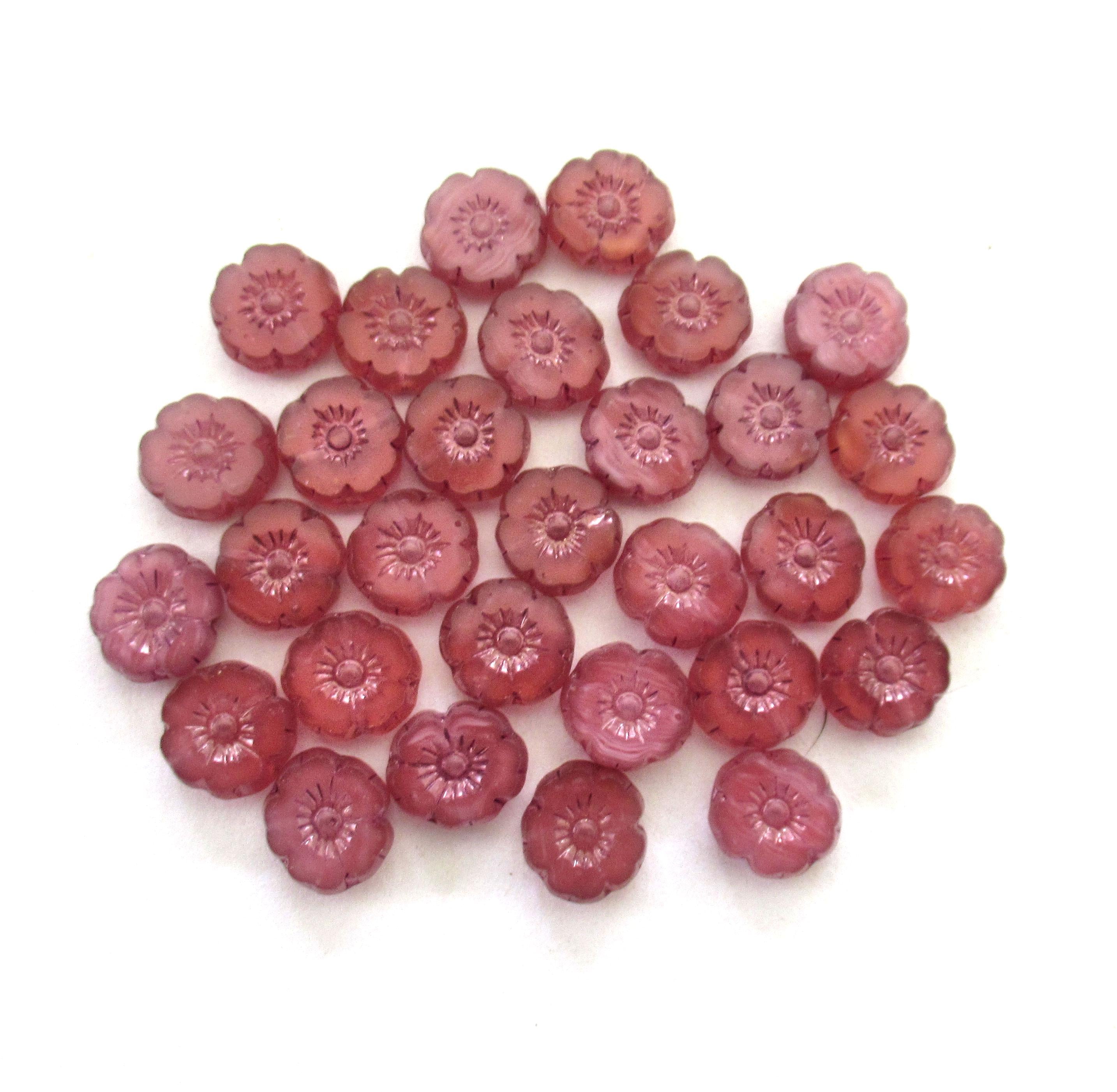 Lot of 15 8mm Czech glass flower beads - table cut - carved - dusty rose / milky pink - Hawaiian hibiscus flower beads C00431
