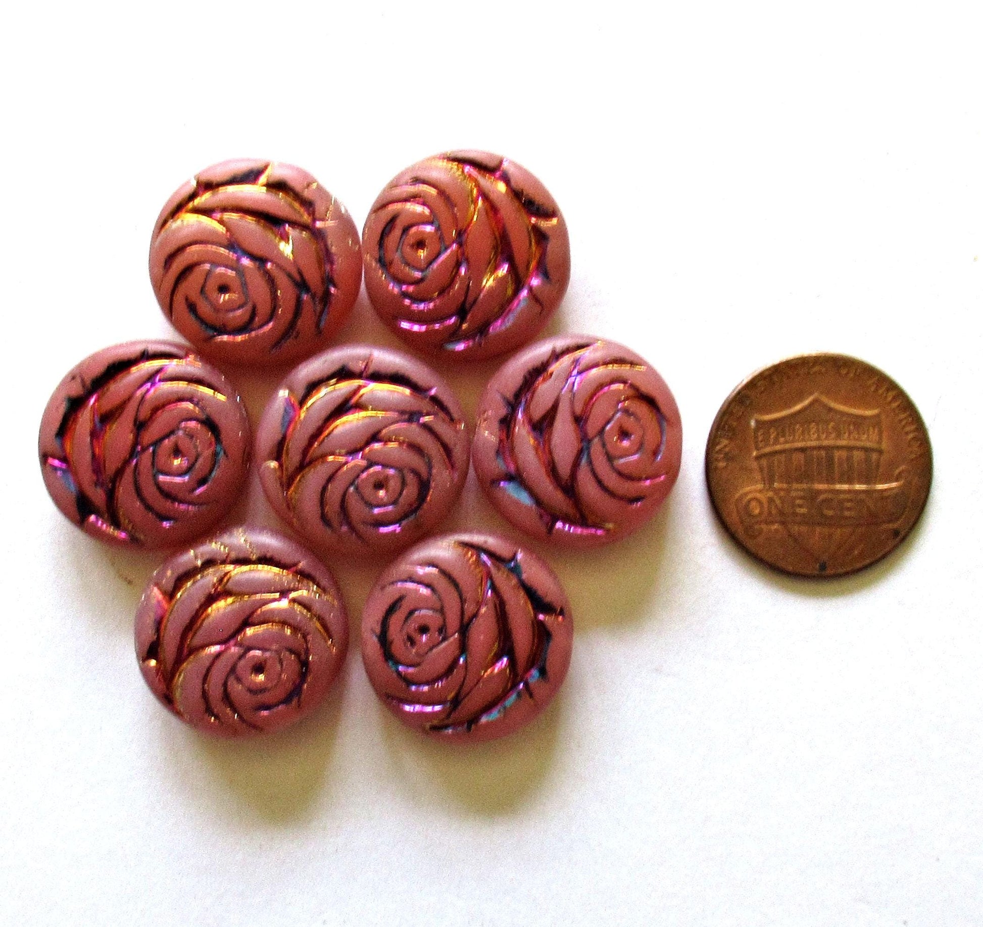 6 Czech glass flower coin beads - 17mm - milky pink - puffy pillow rose beads w/ a metallic wash - C00602 - Glorious Glass Beads