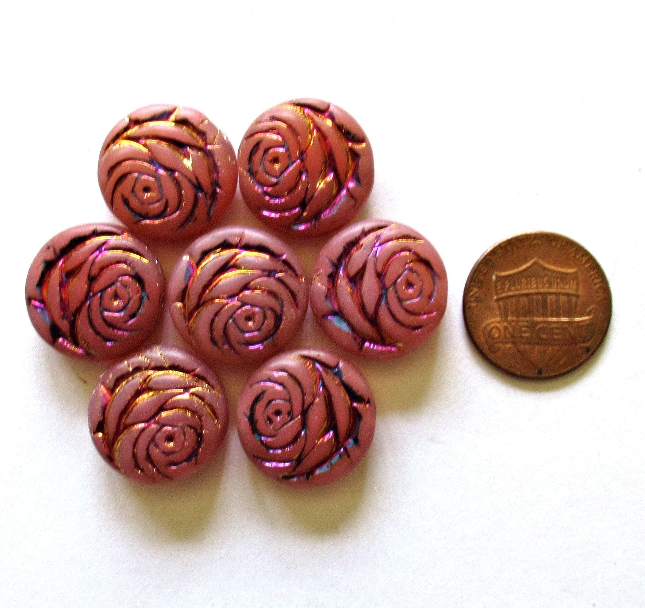 6 Czech glass flower coin beads - 17mm - milky pink - puffy pillow rose beads w/ a metallic wash - C00602 - Glorious Glass Beads