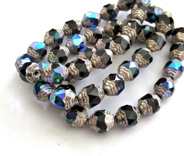 15 Czech glass mini antique style oval beads - 8 x 6mm jet black ab beads with silver accents - faceted fire polished beads - C00071