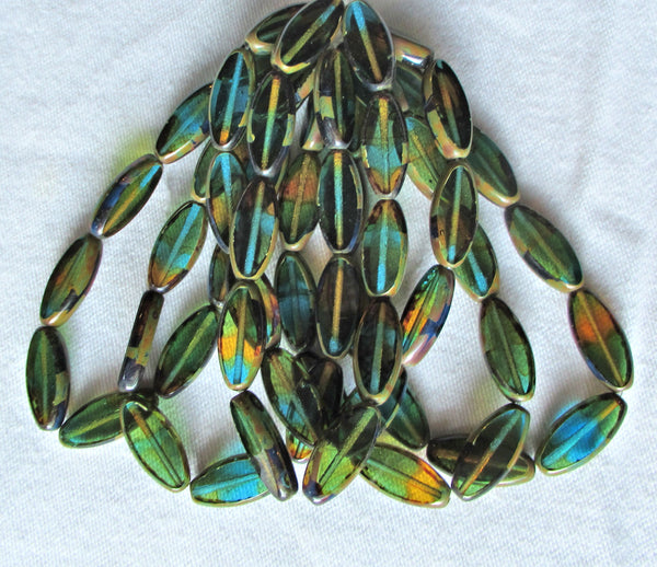 Ten Czech glass spindle beads - transparent amber, green & blue color mix - 18 x 7mm table cut almond shaped tube beads C08101