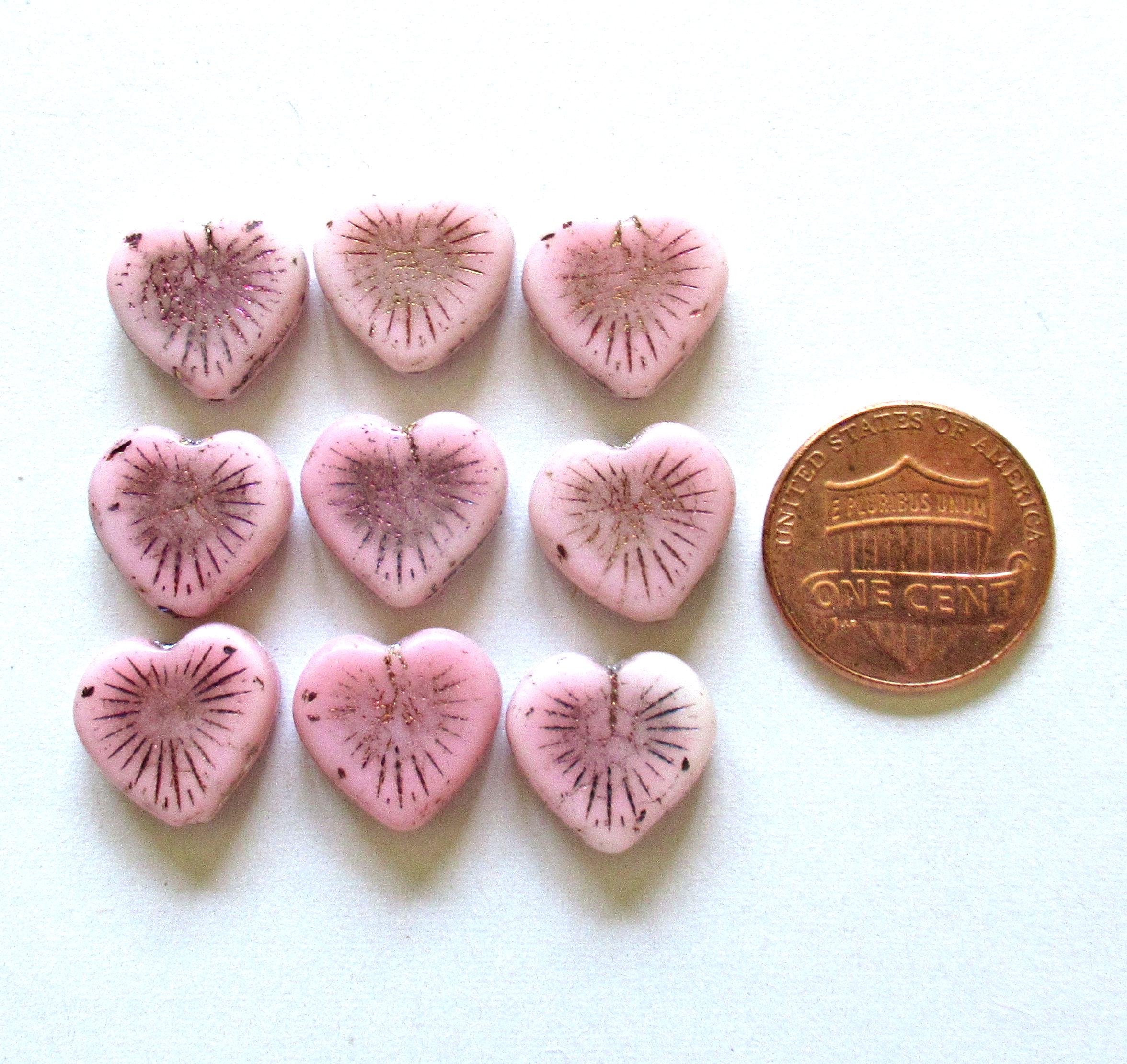 8 Czech glass flaming heart beads - 14mm - opaque baby pink w/ a copper & volcano wash - 00043