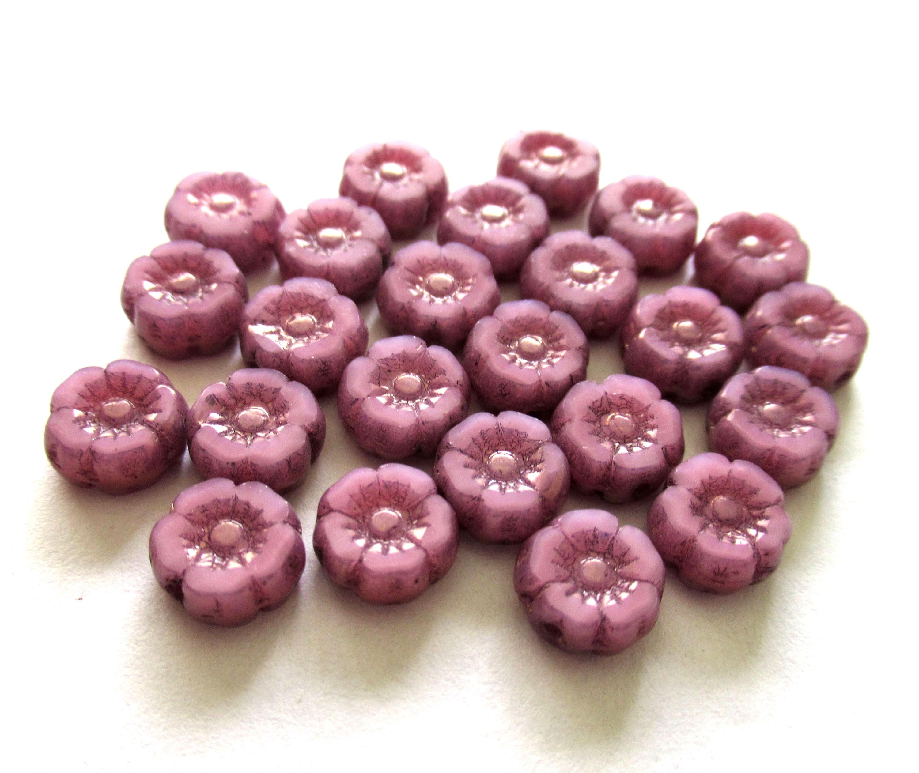 Lot of twelve 7mm Czech glass flower beads - pink opal with bronze accents - table cut carved Hawaiian hibiscus floral beads - C00081
