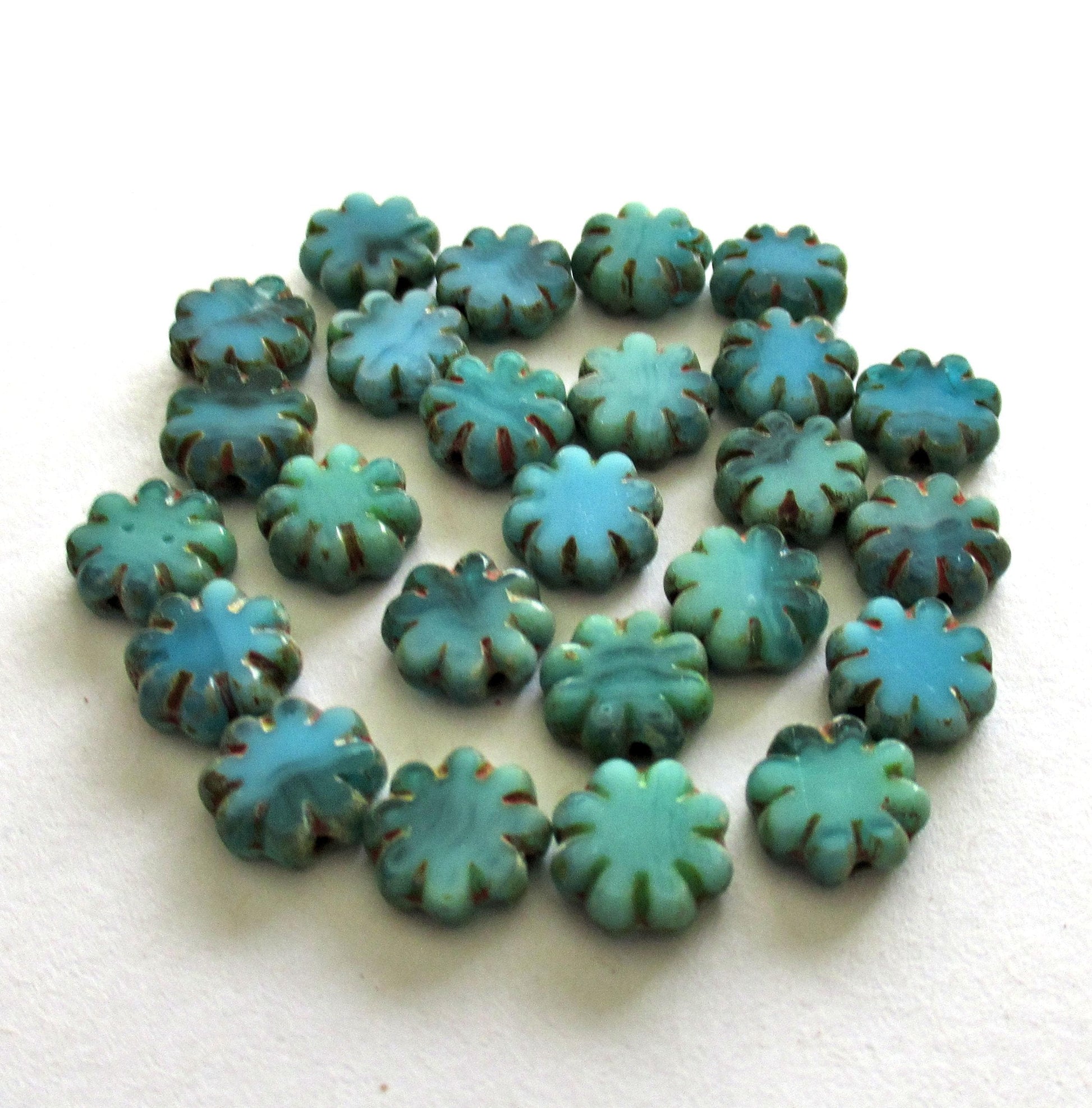 15 Czech glass flower beads - marbled blue & green picasso beads - 9mm - table cut cactus flower beads - C00871 - Glorious Glass Beads