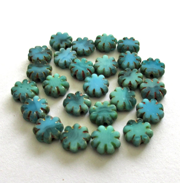 20 Czech glass flower beads - marbled blue & green picasso beads - 9mm - table cut cactus flower beads - C00871