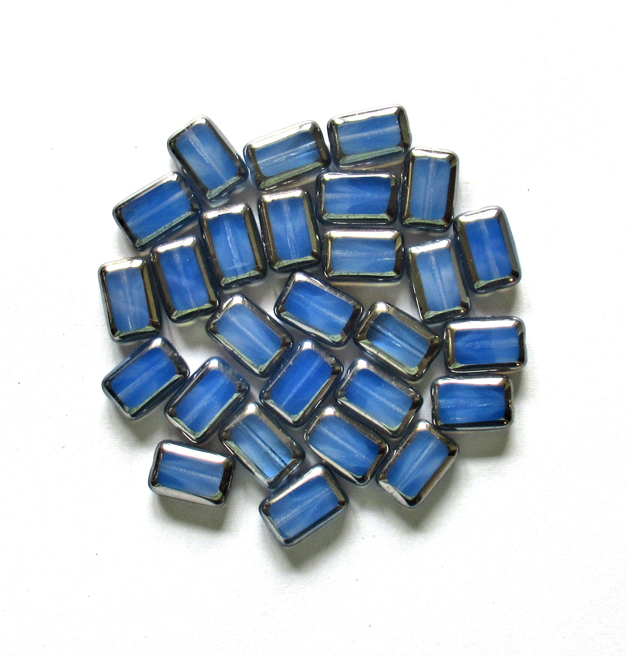Ten Czech glass rectangle beads - 8 x 12mm - translucent blue opal w/ a silver picasso finish along the edges - C00631