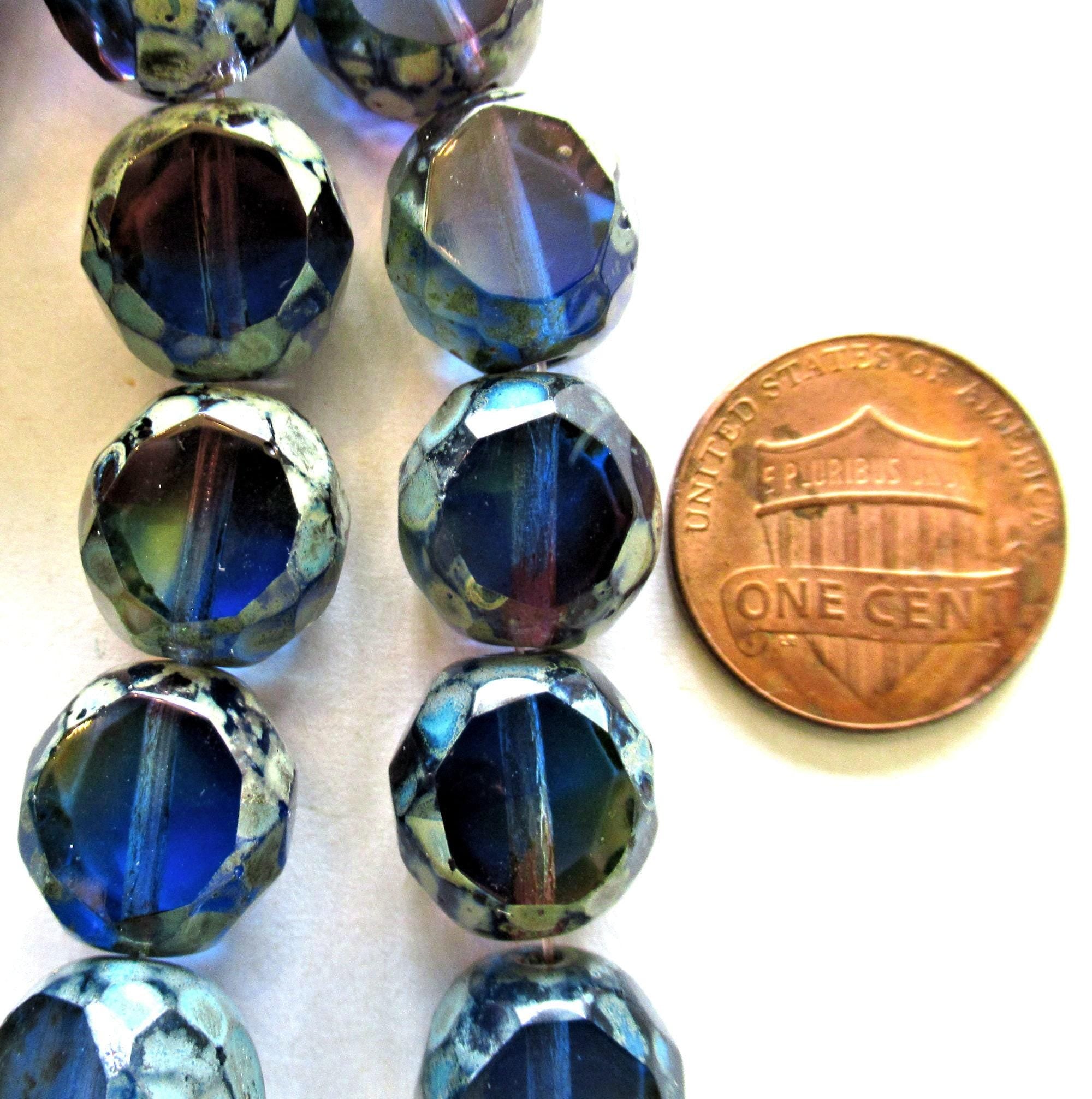Six 12mm dual faceted table cut Czech glass beads - two tone blue w/ picasso accents - 2 cut window beads - chunky statement beads = 00081