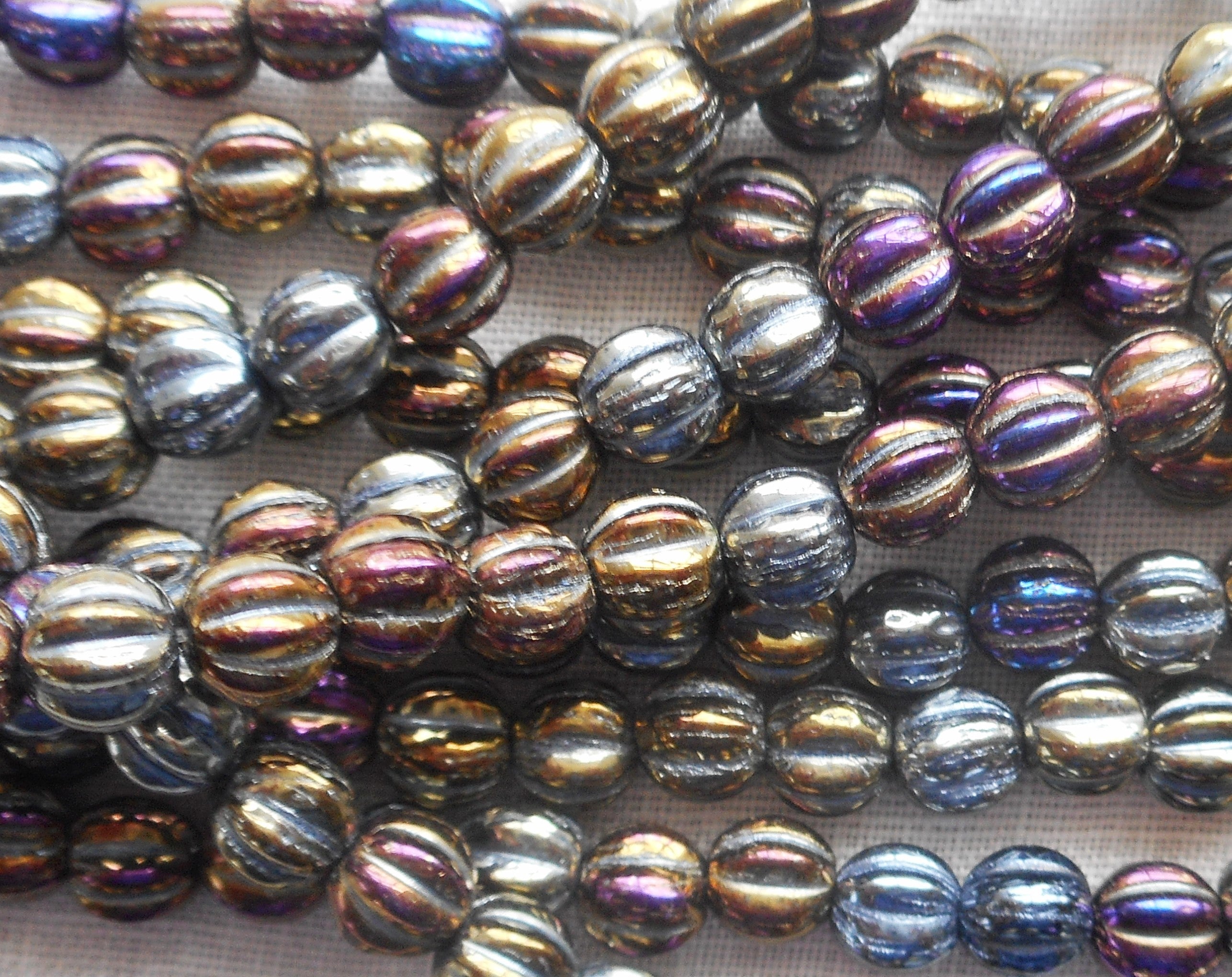 Fifty 5mm Brown Iris metallic glass melon beads, Czech pressed glass beads C0750