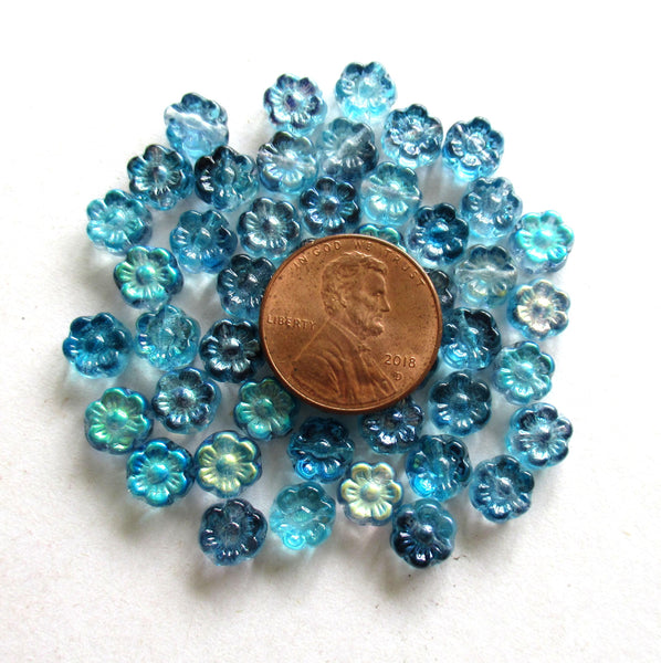 25 6mm small Czech glass flower beads - transparent blue mix with an ab finish - pressed glass floral beads - C0068