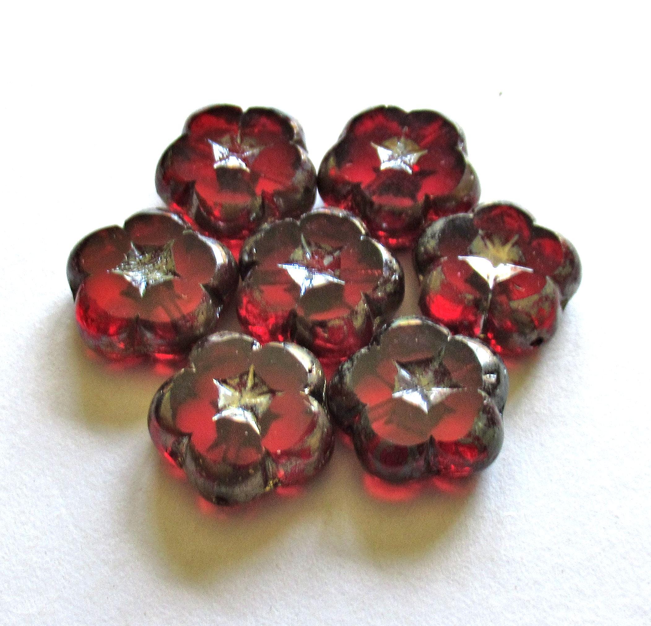 Six Czech glass flower beads - 14mm -transparent garnet ruby red picasso - table cut & carved floral beads - C00541