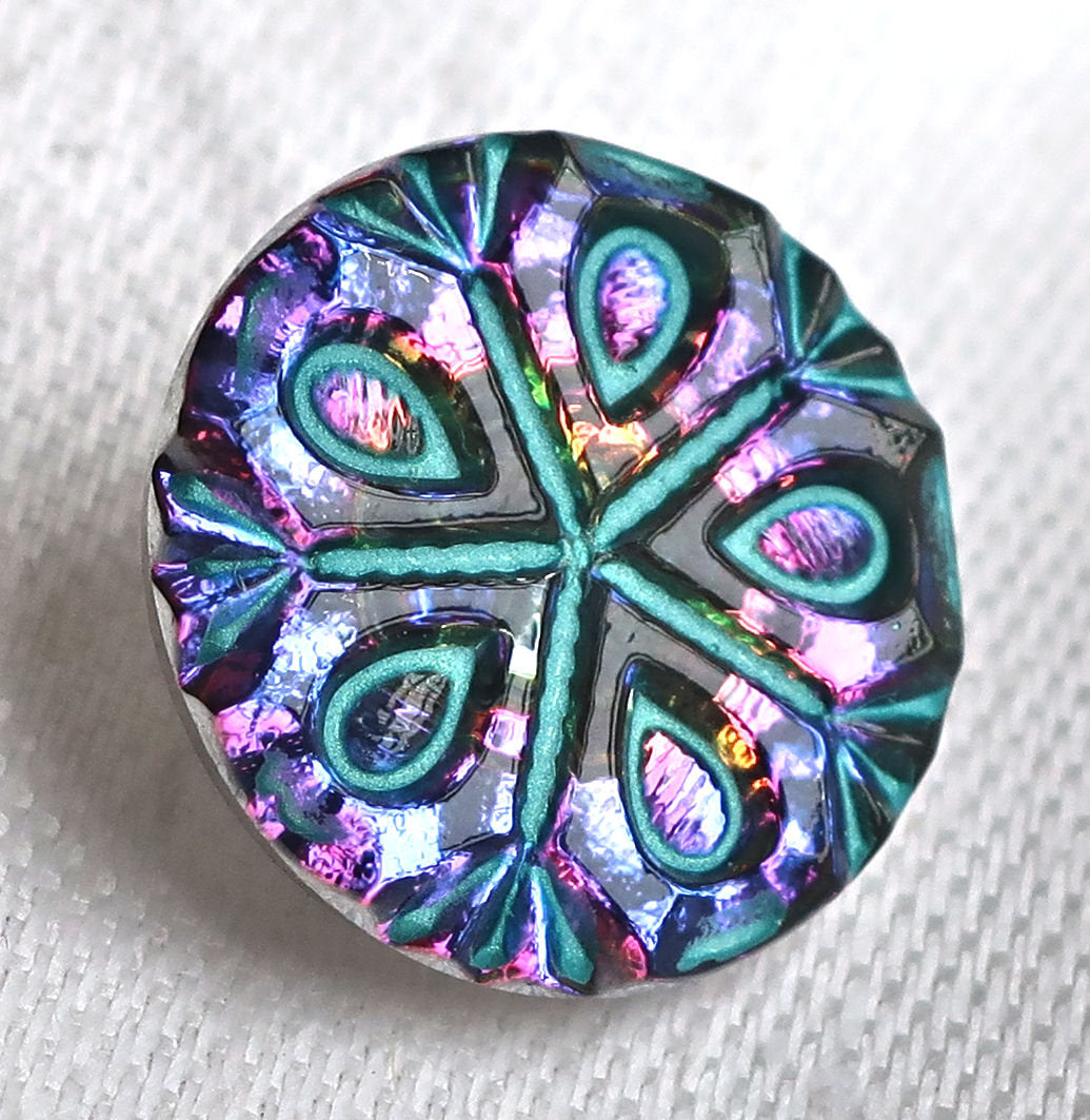 One 18mm Czech glass button, purple & blue iridescent snowflake with a turquoise wash, decorative shank button 53201