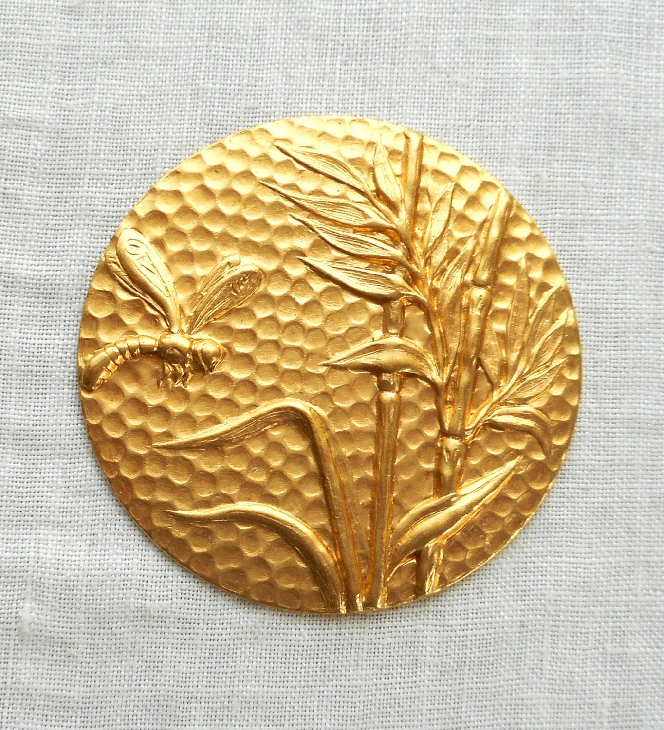 1 raw brass plant & dragonfly medallion, pendant, charm, brass stamping, 42mm, made in the USA C0601 - Glorious Glass Beads