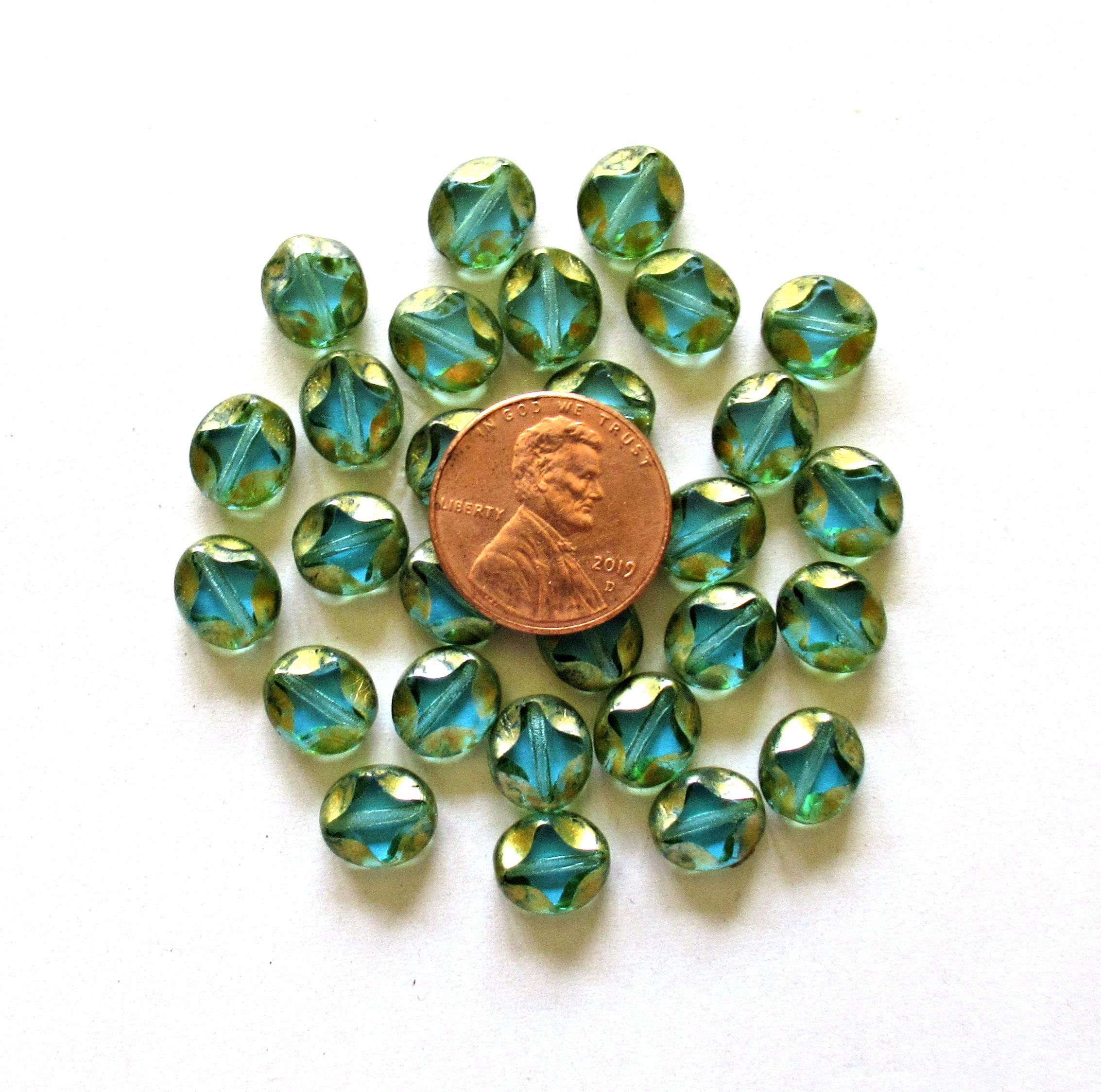 10 Czech glass oval beads - 9 x 8mm - light teal blue green w/ gold picasso accents - carved table cut beads with a diamond pattern - C0121