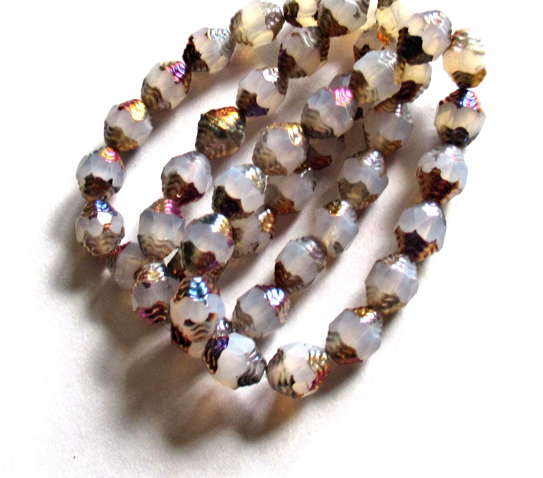 15 Czech glass mini antique style oval beads - 8 x 6mm milky white w/ metallic accents - beads - faceted carved cathedral beads - C00003