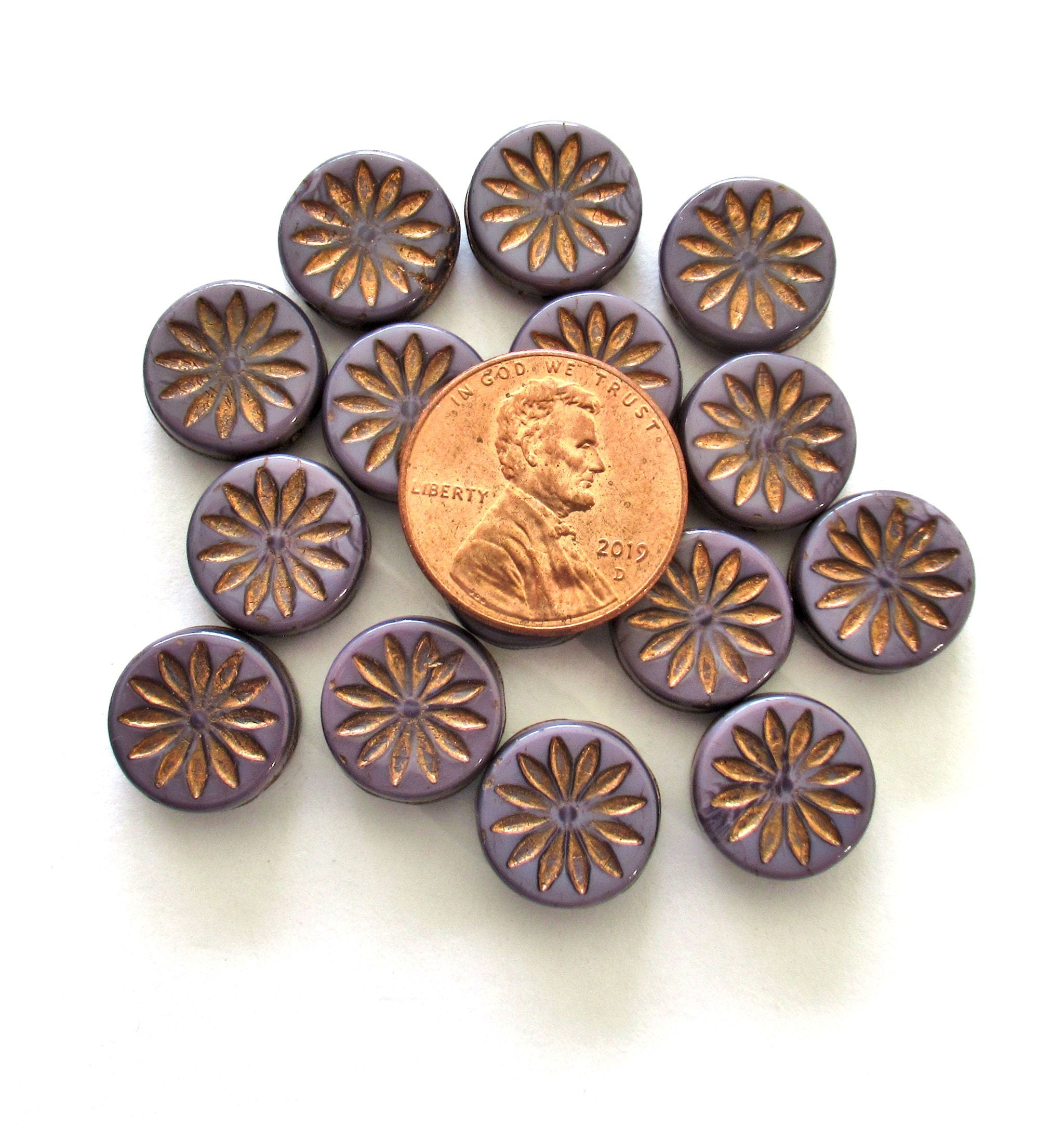 6 Czech glass coin beads - 12mm opaque purple / amethyst Aster flower disc beads with copper accents - thick flat round beads - 00201