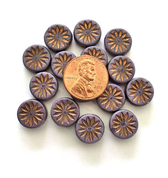 6 Czech glass coin beads - 12mm opaque purple / amethyst Aster flower disc beads with copper accents - thick flat round beads - 00201