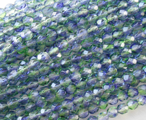 25 6mm Czech Blueberry Green Tea, blue and green dual coated glass beads, round faceted firepolished beads, C6425
