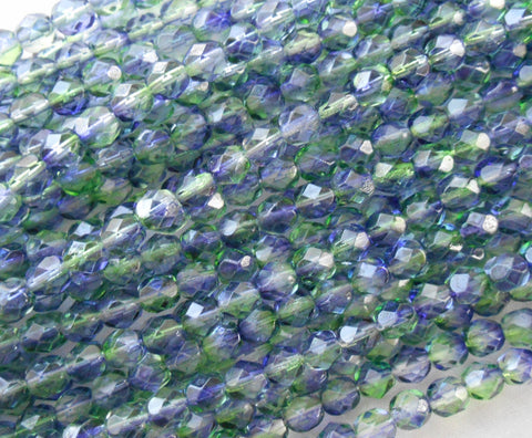 25 6mm Czech Blueberry Green Tea, blue and green dual coated glass beads, round faceted firepolished beads, C6425