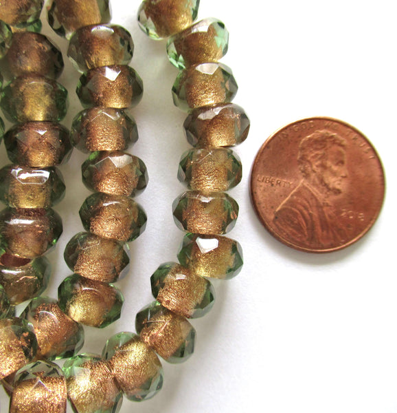 Ten Czech glass roller beads - 9 x 5mm - light green copper lined - faceted - big 3.5mm hole roller - rondelle - donut beads C00911