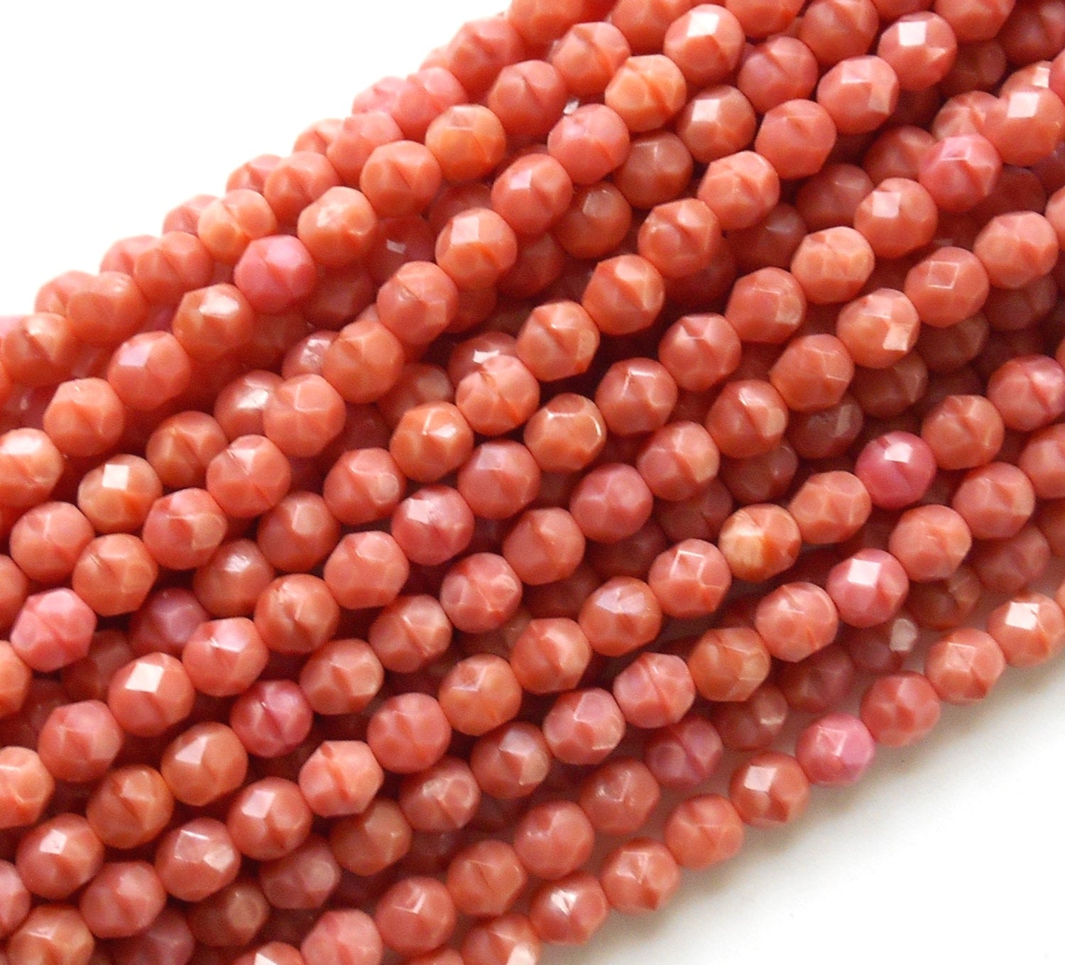 25 6mm Opaque Pink Coral Czech glass beads, salmon firepolished, faceted round beads, C9525 - Glorious Glass Beads