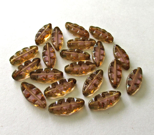 Ten Czech glass notched spindle beads - light purple or amethyst picasso beads - 16mm x 6mm - table cut almond shaped beads - C00081