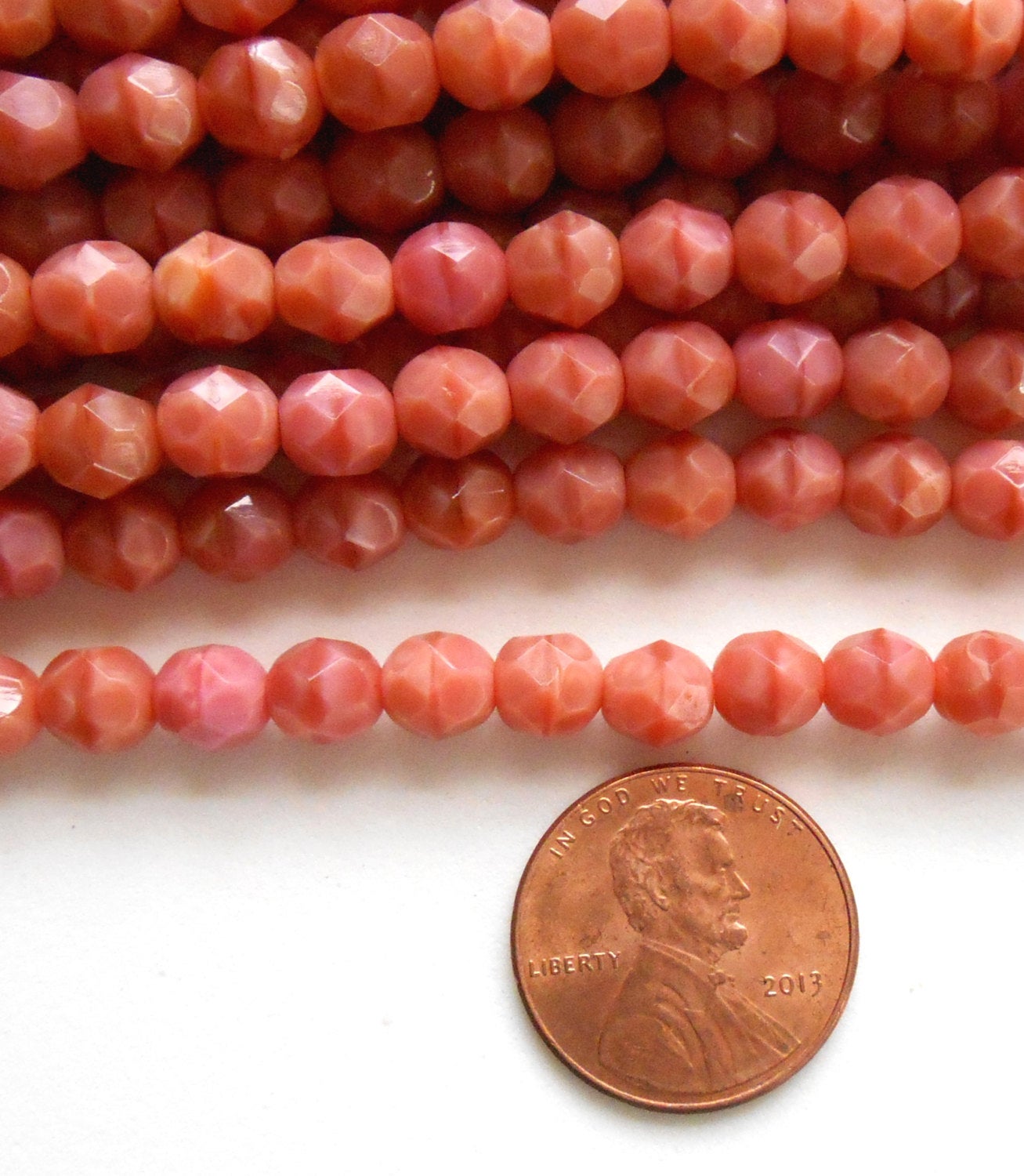 25 6mm Opaque Pink Coral Czech glass beads, salmon firepolished, faceted round beads, C9525 - Glorious Glass Beads