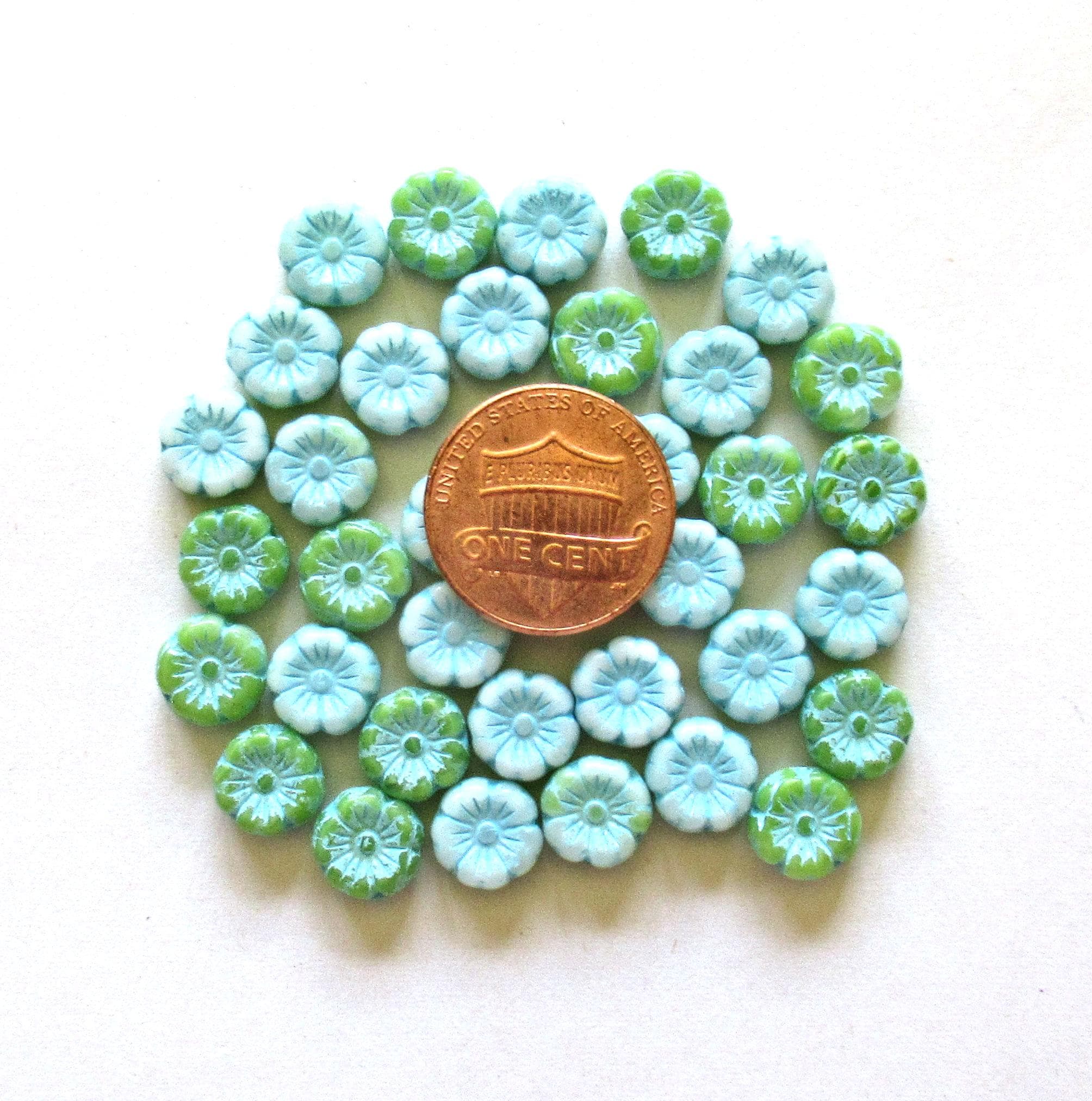 15 Czech glass flower beads - 8mm - opaque light blue &green mix w/ a blue wash - pressed floral beads - C00221