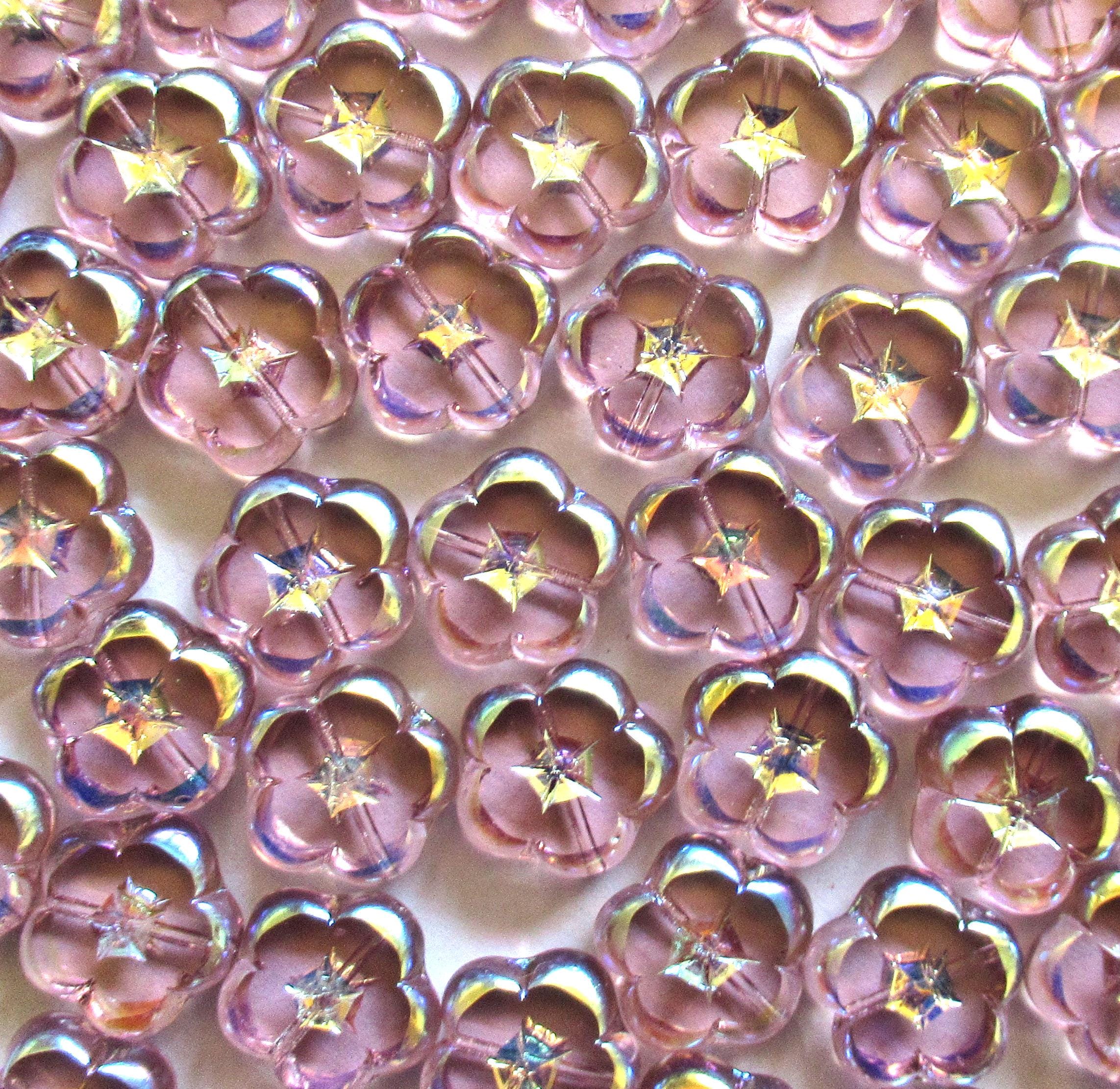 6 Czech glass flower beads - 14mm - table cut & carved - light purple amethyst w/ rainbow AB accents - C00541