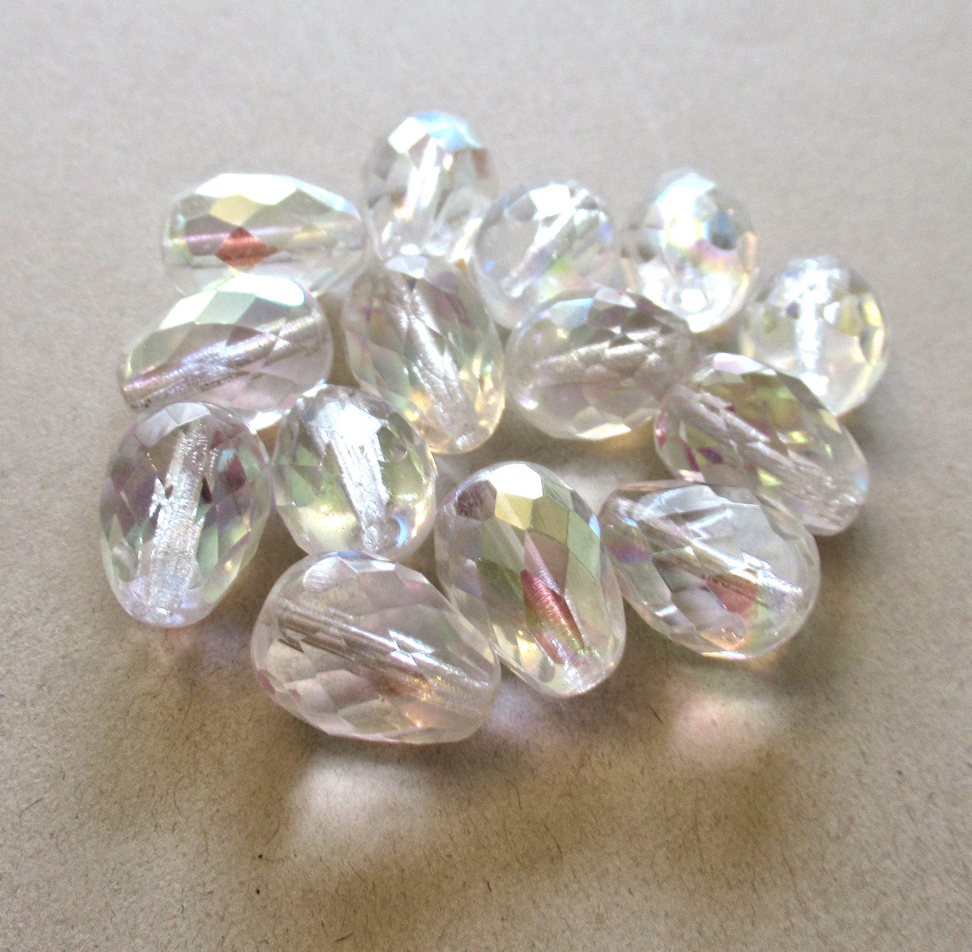 Six large Czech glass teardrop beads - Crystal AB - 16 x 12mm faceted fire polished drop beads C00602