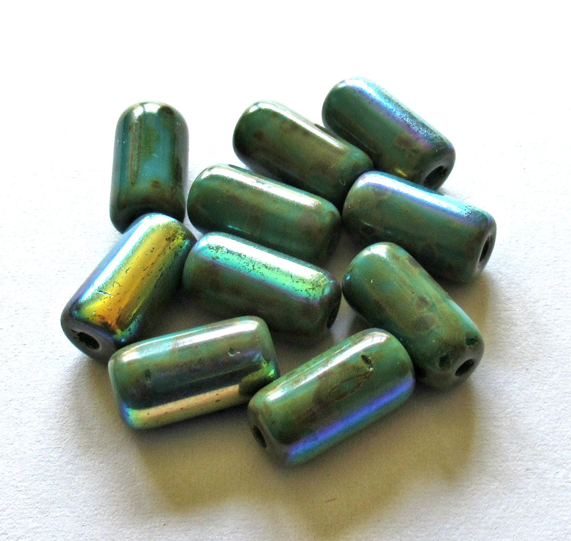 Ten Czech glass tube beads - turquoise green AB w/ picasso coat & big 2mm holes - 7 x 14mm - C00522