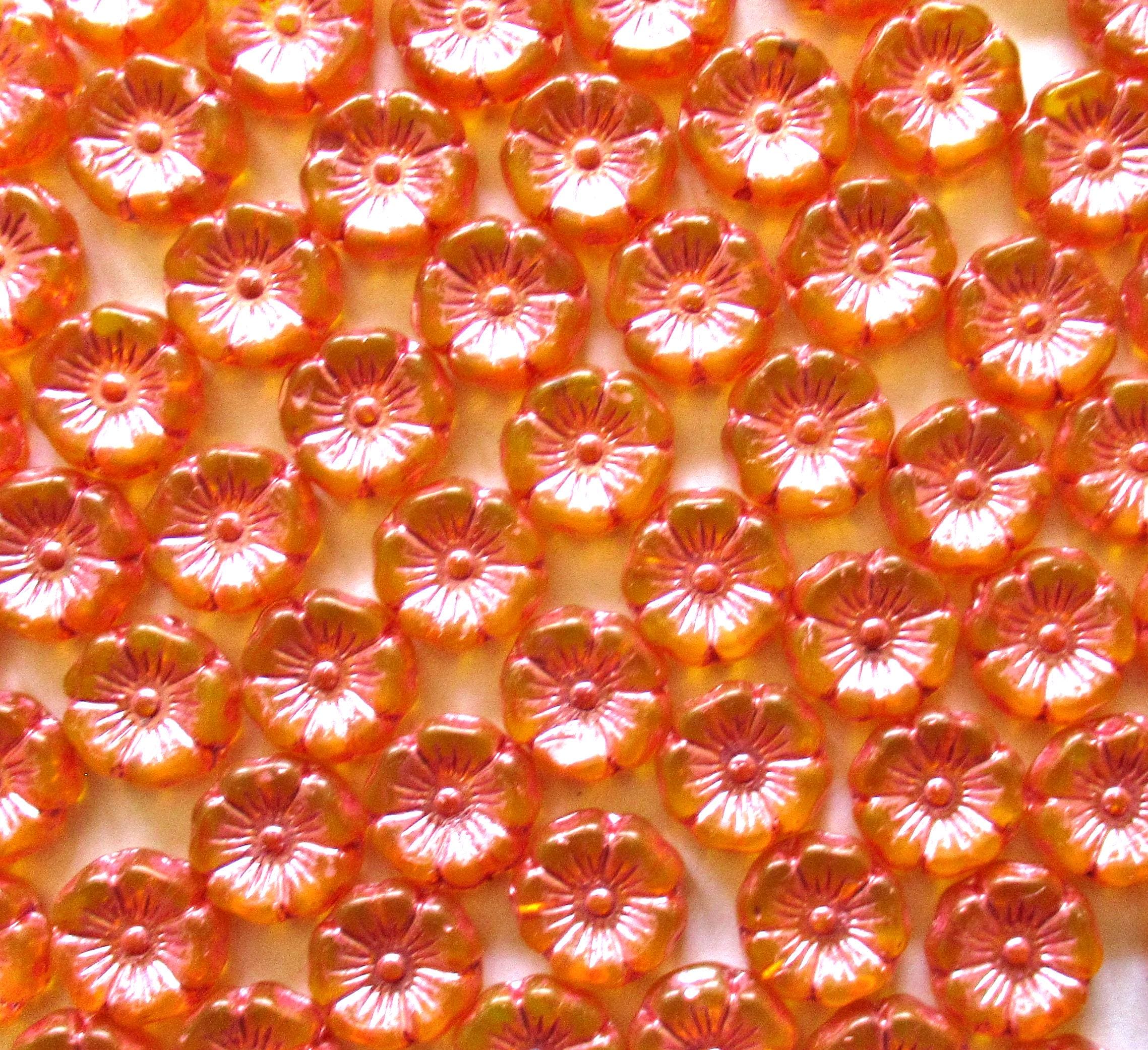 10 Czech glass flower beads - 12mm amber yellow w/ a pink wash - Hawaiian hibiscus floral beads - C00431