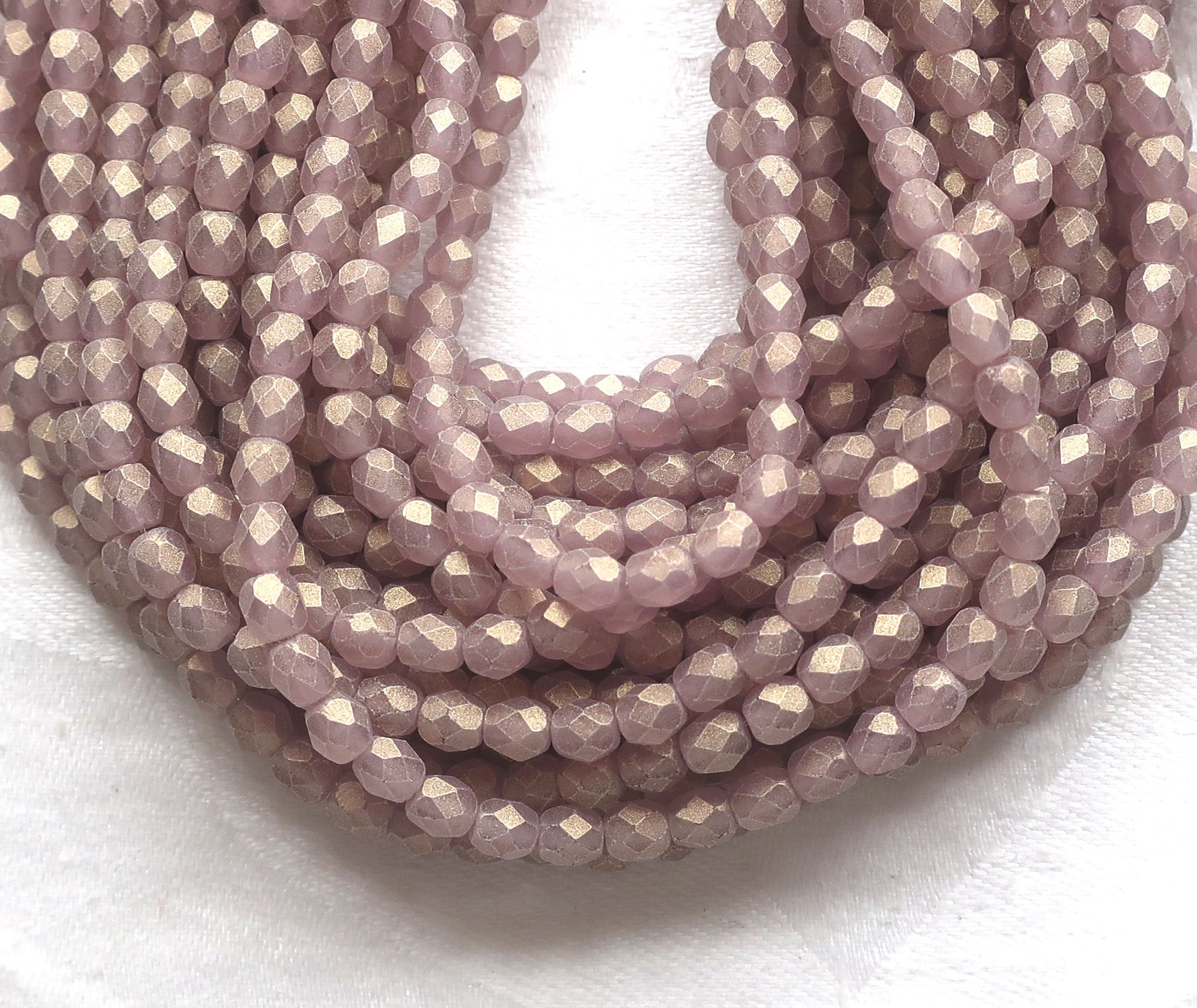Lot of 50 4mm Sueded Gold Amethyst Czech glass beads, faceted round fire polished purple beads with a frosted gold finish C8601