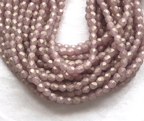 Lot of 50 4mm Sueded Gold Amethyst Czech glass beads, faceted round fire polished purple beads with a frosted gold finish C8601